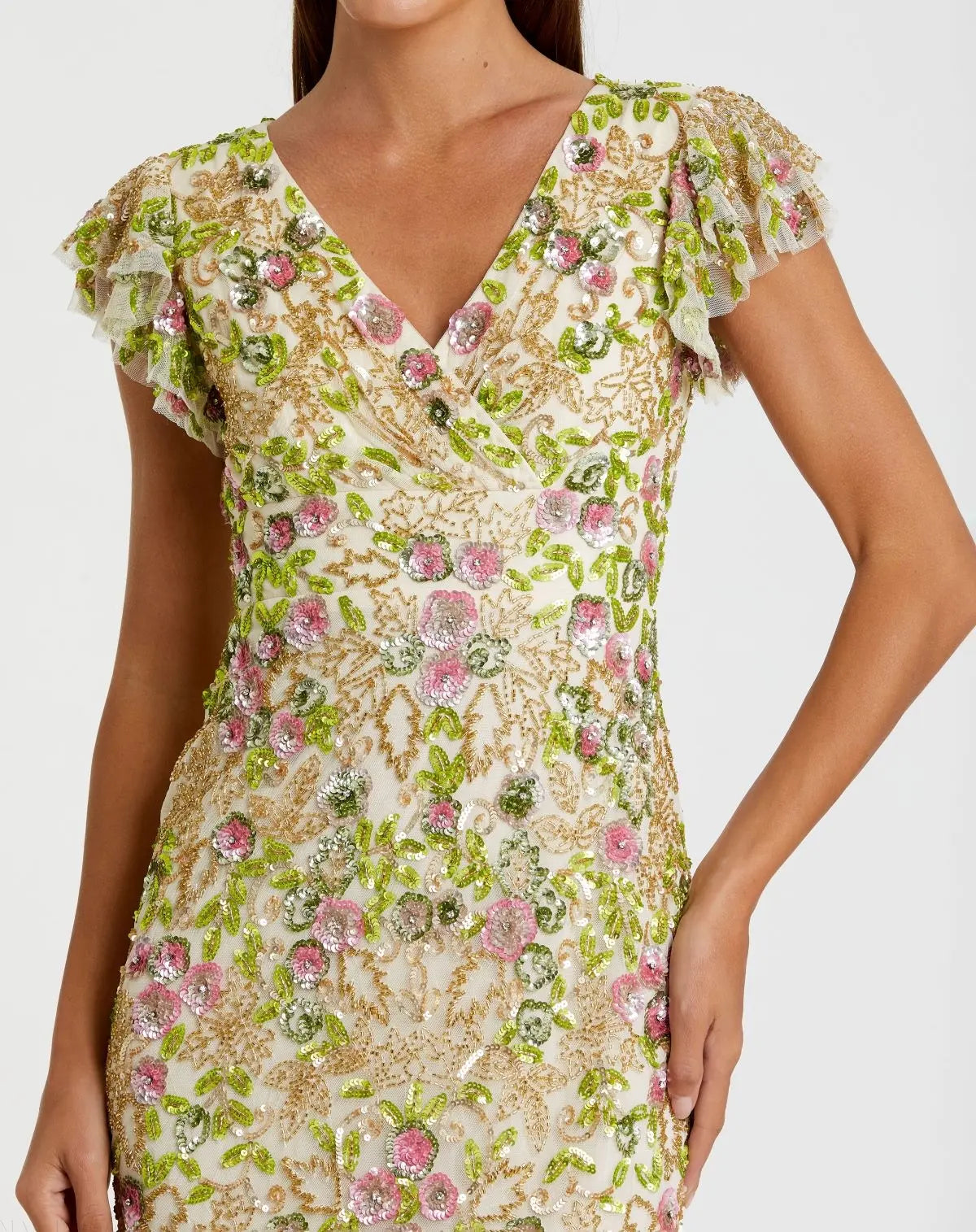 Beige Floral Embellished Flutter Cap Sleeve Dress - Mac Duggal
