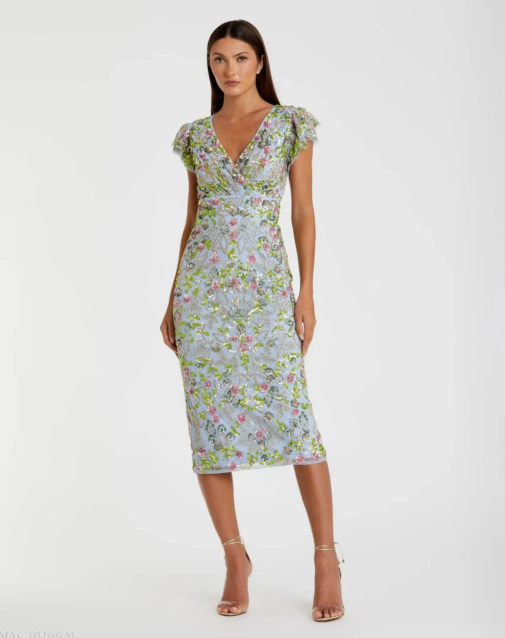 Blue Floral Sequin Embellished Flutter Cap Sleeve Cocktail Dress