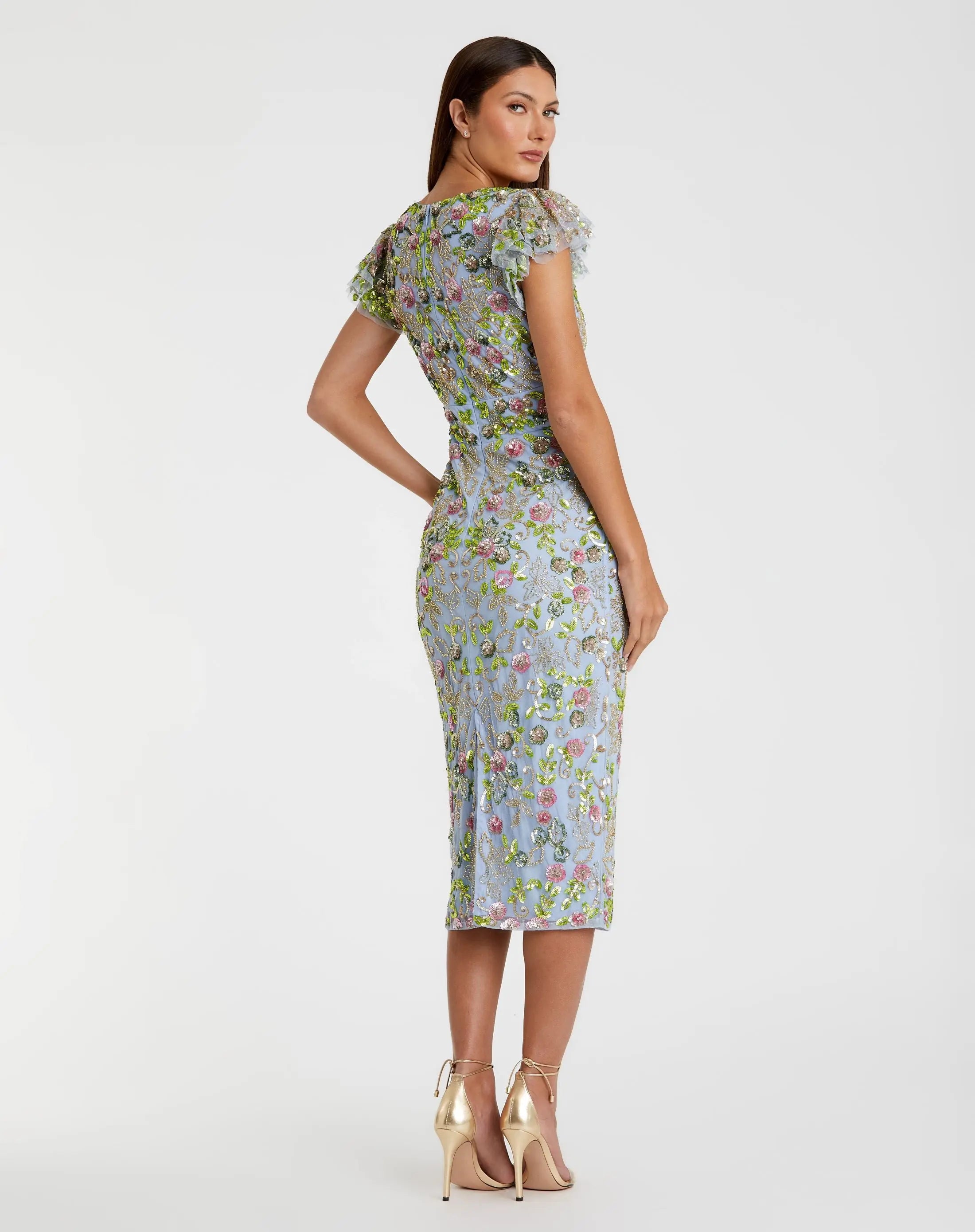 Blue Floral Sequin Embellished Flutter Cap Sleeve Dress - Mac Duggal