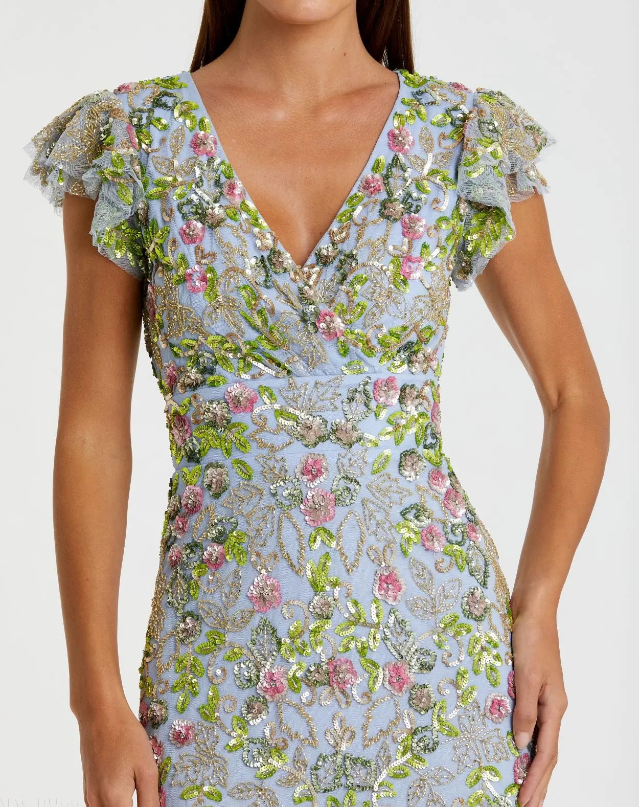 Blue Floral Sequin Embellished Flutter Cap Sleeve Cocktail Dress
