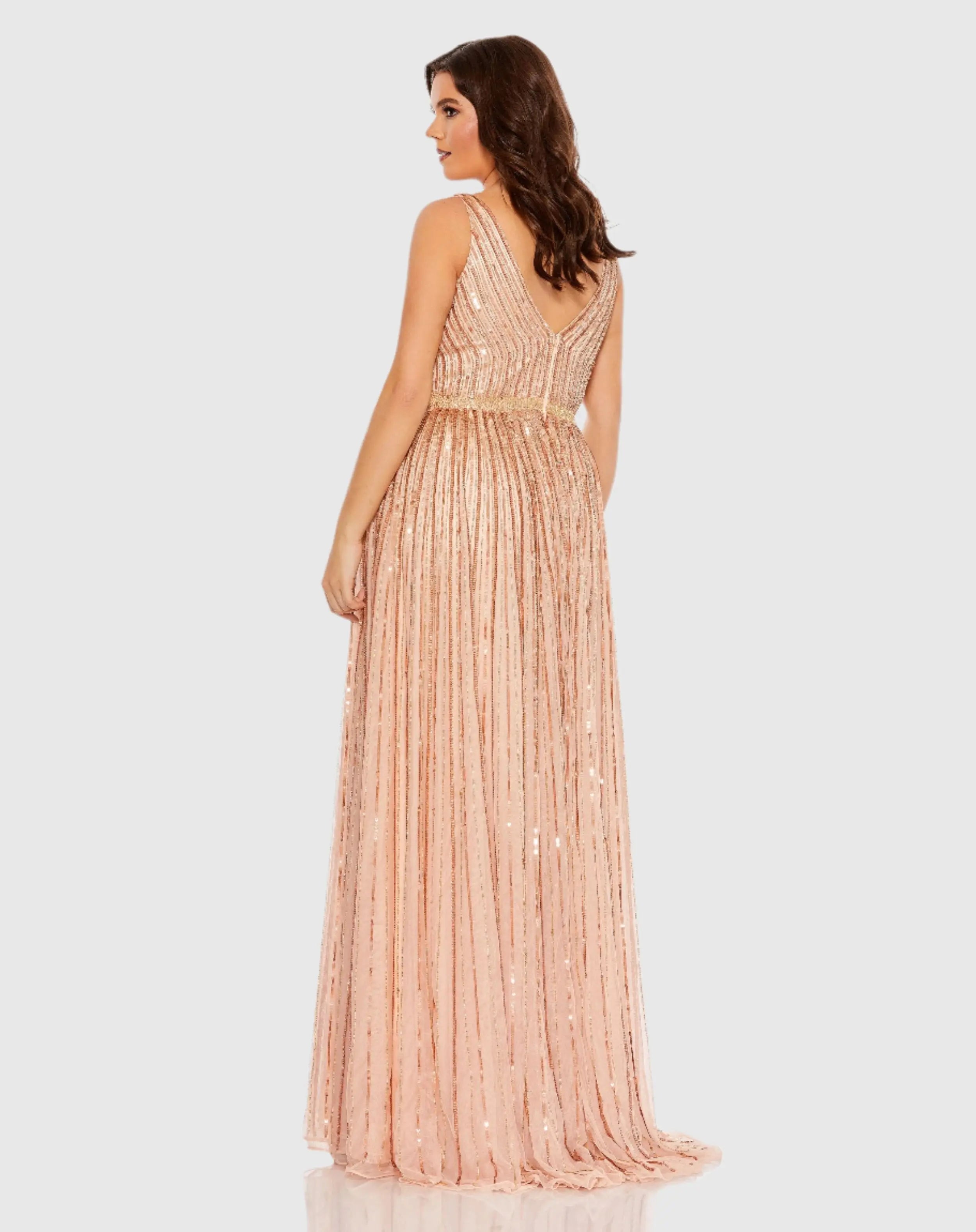 Pink Sequined Striped Sleeveless V Neck A Line Gown (Plus) - Mac Duggal