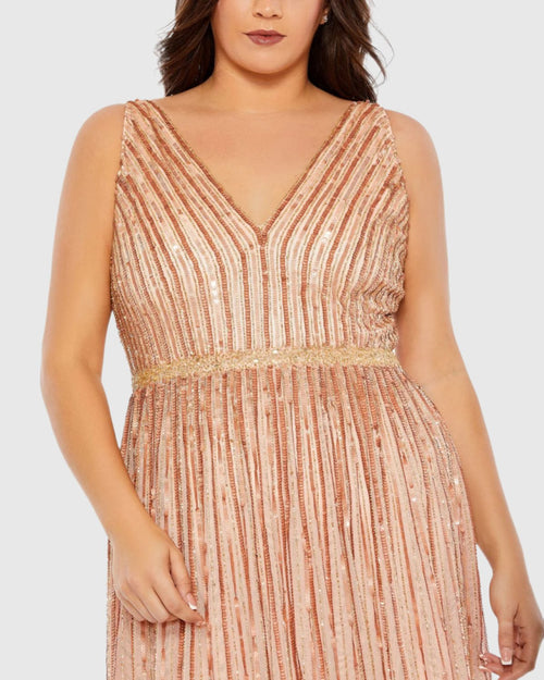 Sequined Striped Sleeveless V Neck A Line Gown (Plus)