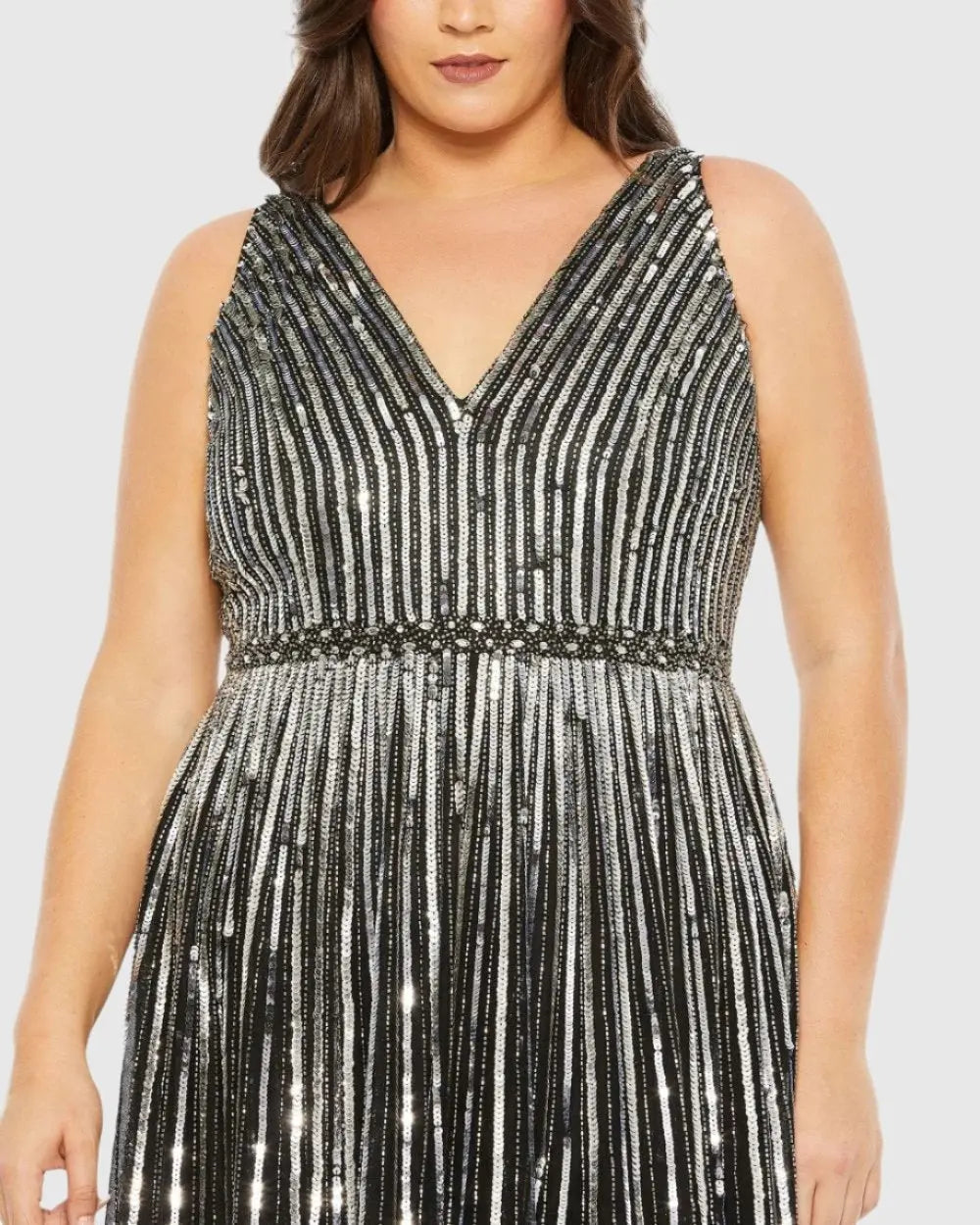 Black and Silver Sequined Striped Sleeveless V Neck A Line Gown (Plus) - Mac Duggal