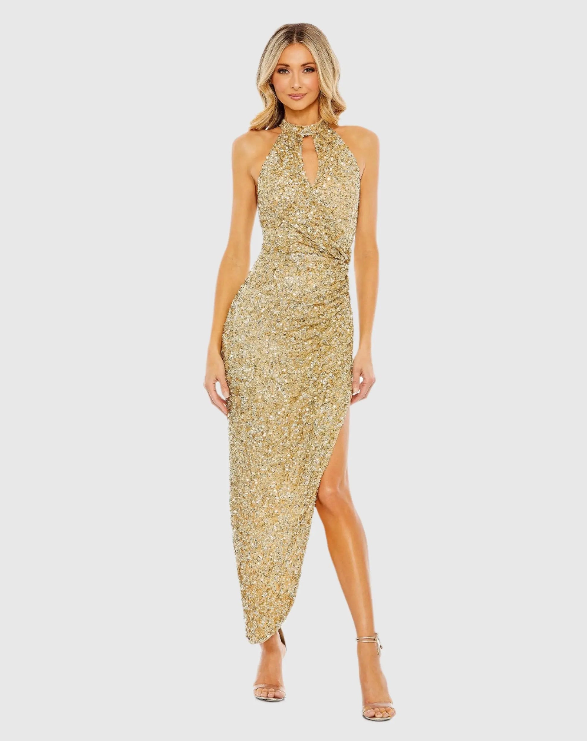 Mac Duggal - Gold Sequined High Neck Keyhole Asymmetrical Dress - Gold / US 6 Mac Duggal - Gold Sequined High Neck Keyhole Asymmetrical Dress - Gold / US 6
