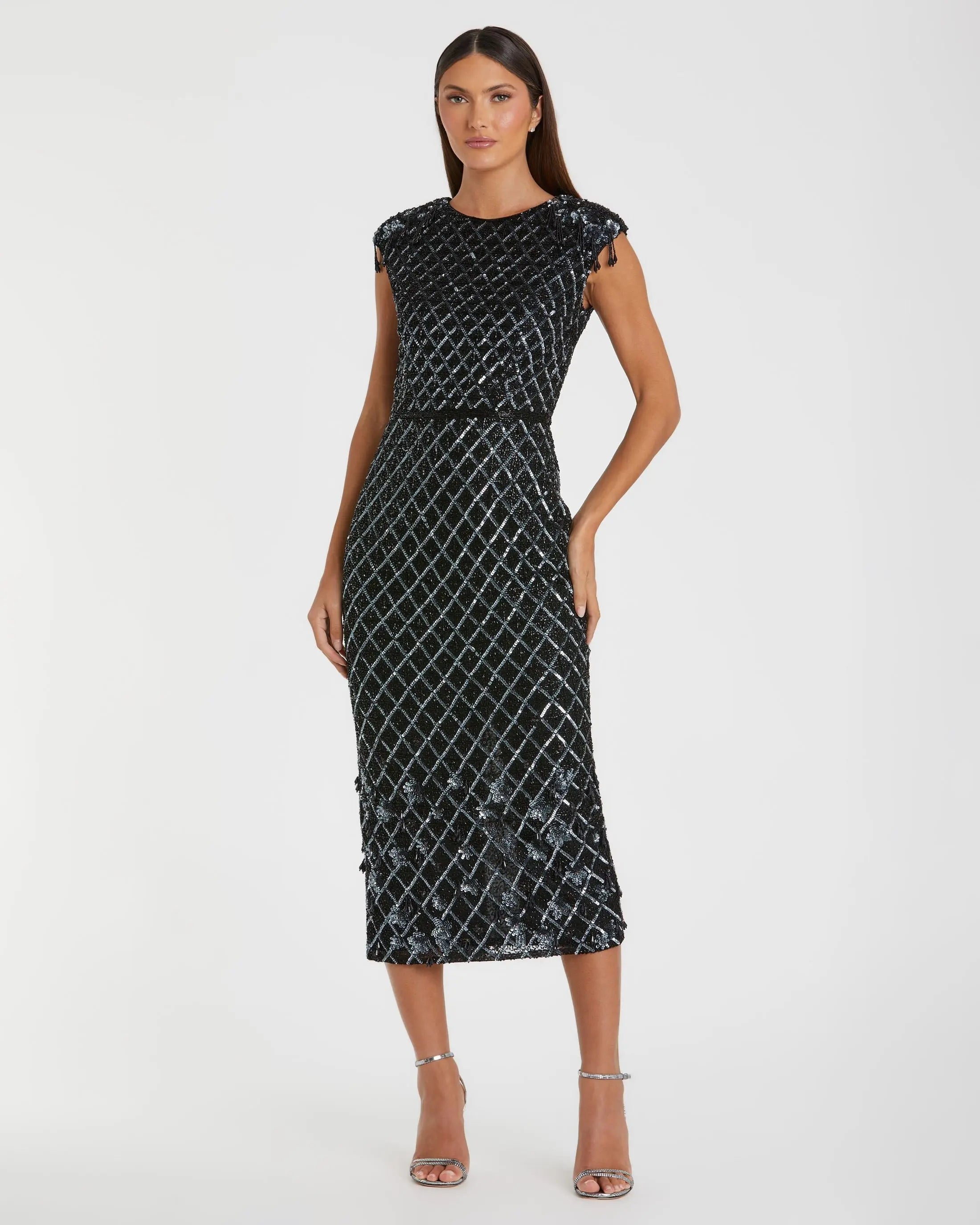 Black Sleeveless High Neck Beaded Midi Sheath Dress