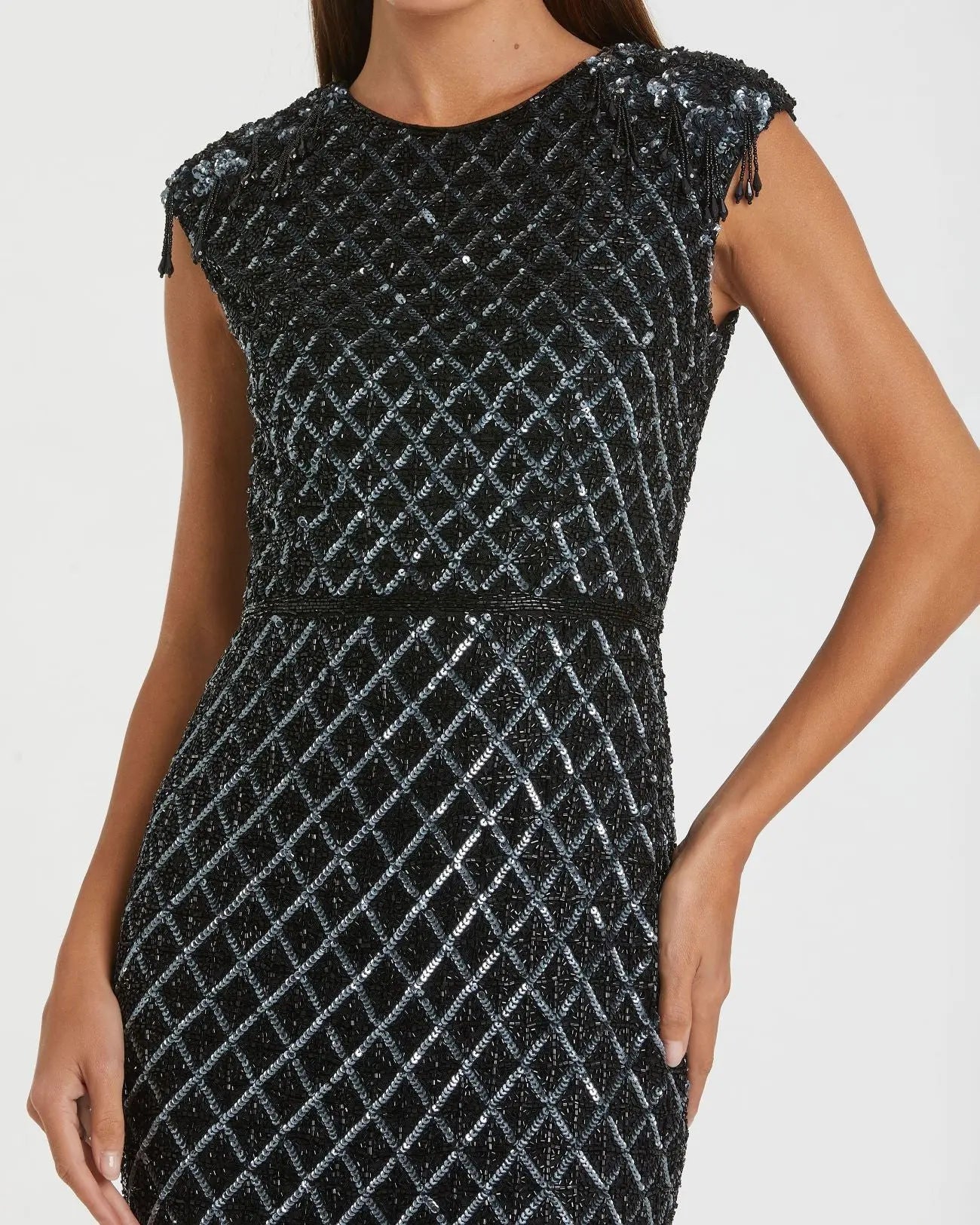 Black High Neck Dress w/ Crystal Fringe Detail - Mac Duggal