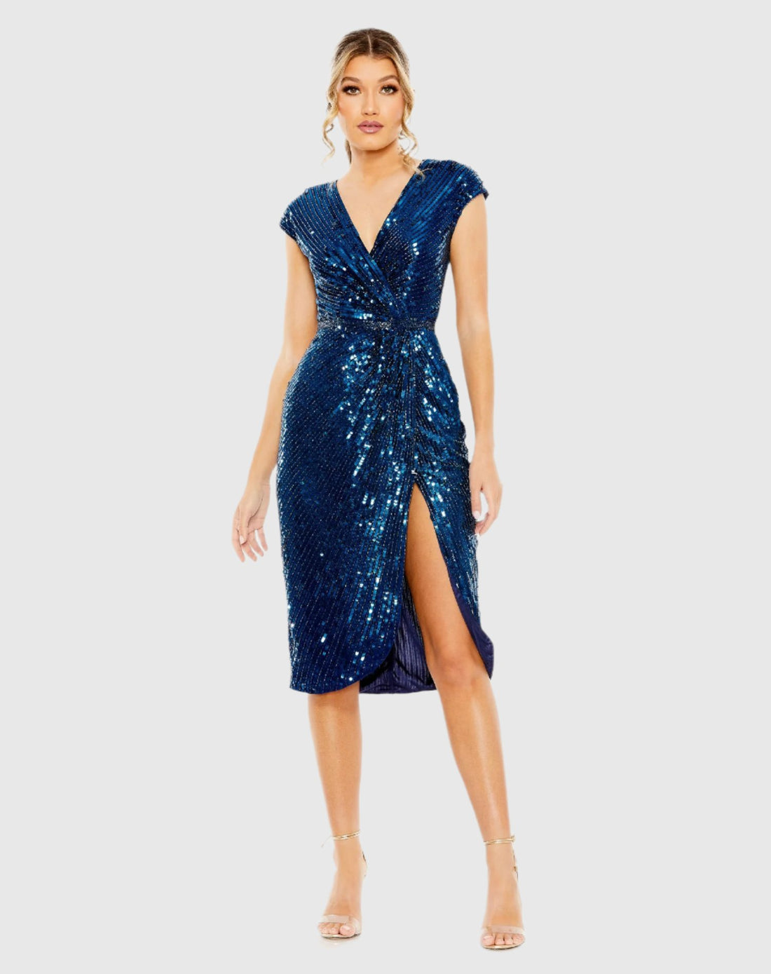 Sequin Faux Wrap Front Slit Dress