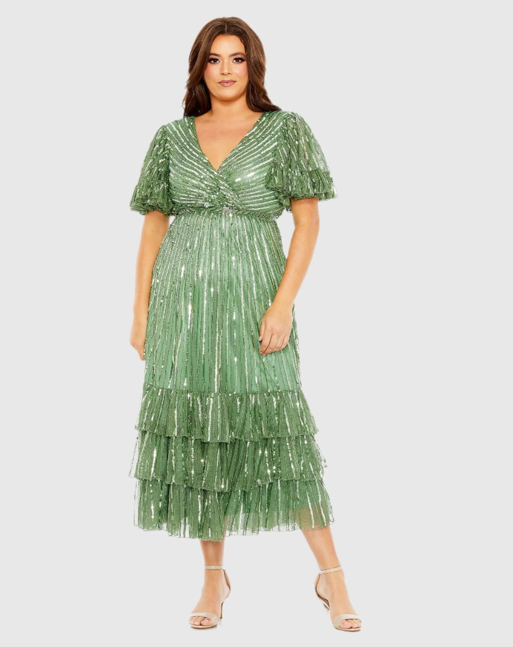 Green Sequin Faux Wrap Flutter Sleeve Ruffle Dress (Plus) | Mac Duggal Green Sequin Faux Wrap Flutter Sleeve Ruffle Dress (Plus) | Mac Duggal