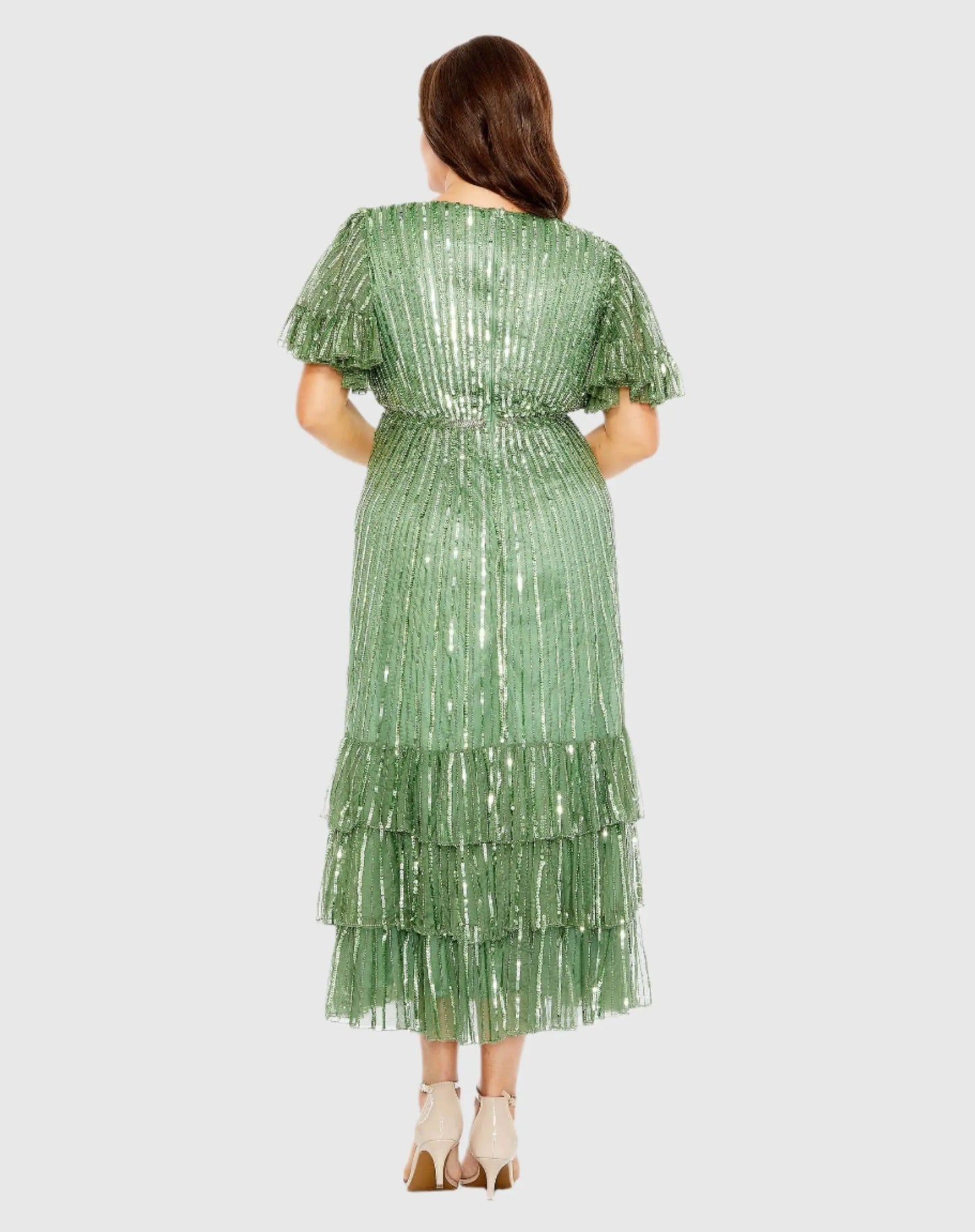 Green Sequin Faux Wrap Flutter Sleeve Ruffle Dress - Mac Duggal