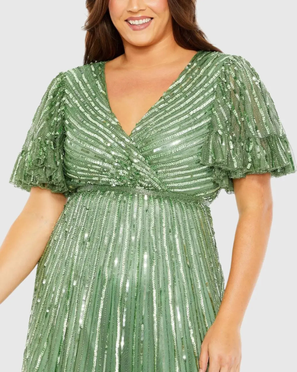 Mac Duggal - Green Sequin Faux Wrap Flutter Sleeve Ruffle Dress (Plus) - Sage / US 20W Mac Duggal - Green Sequin Faux Wrap Flutter Sleeve Ruffle Dress (Plus) - Sage / US 20W