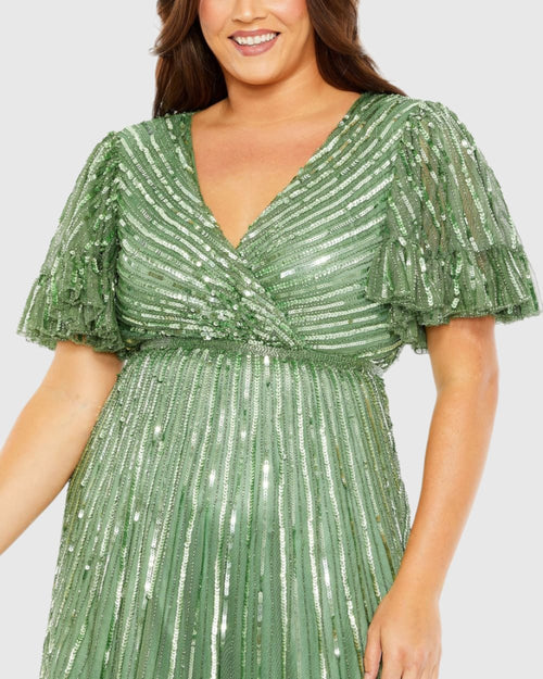 Sequin Faux Wrap Flutter Sleeve Ruffle Dress