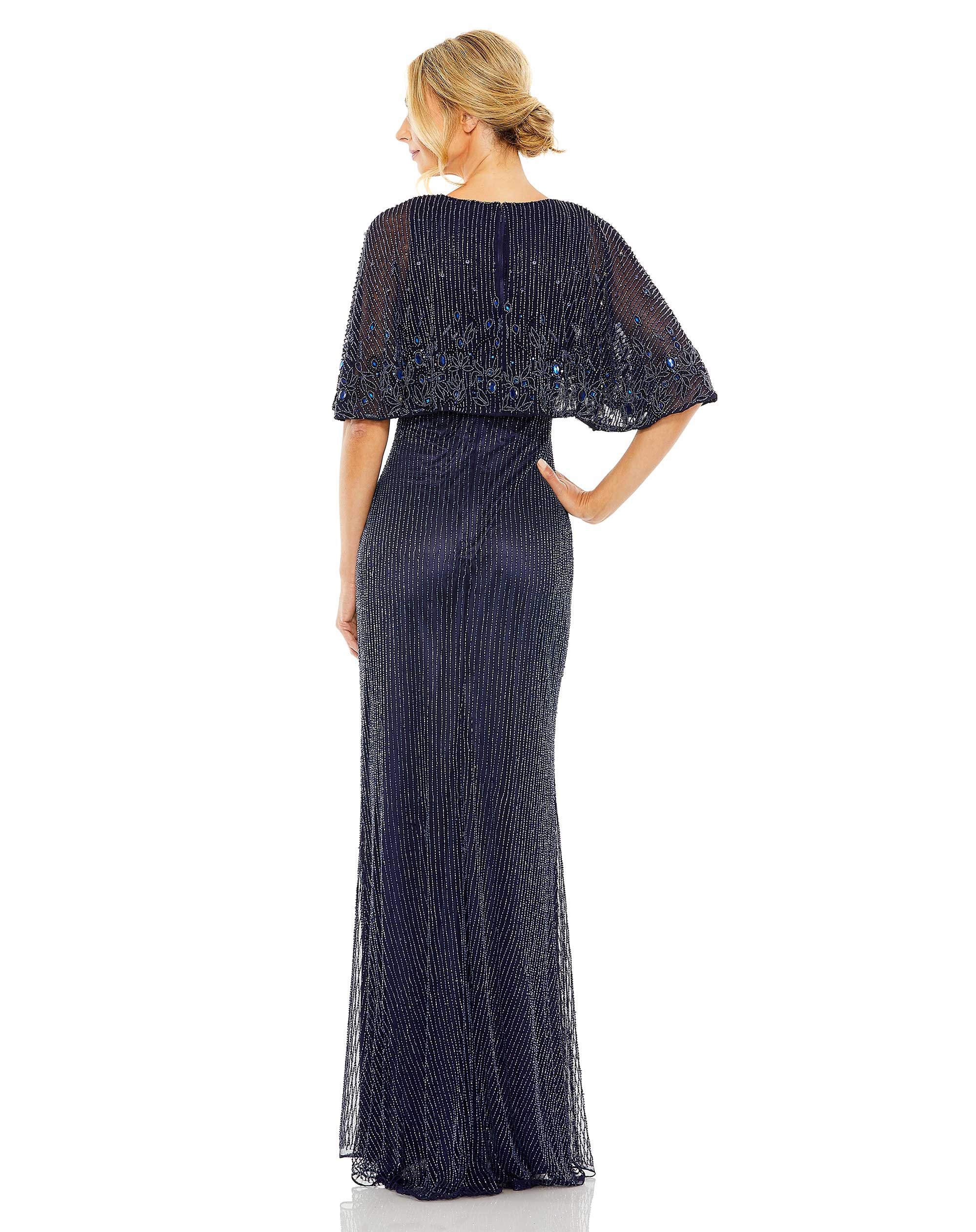 High Neck Column Gown With Embellished Cape