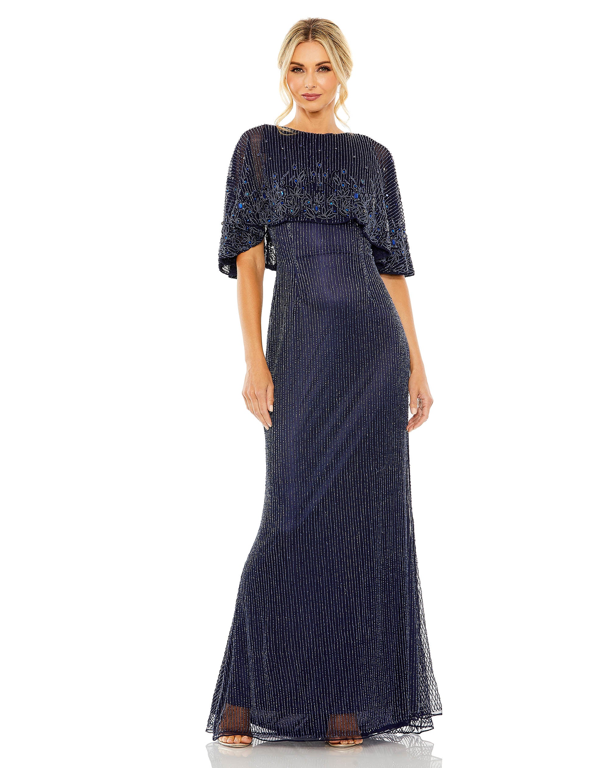 High Neck Column Gown With Embellished Cape