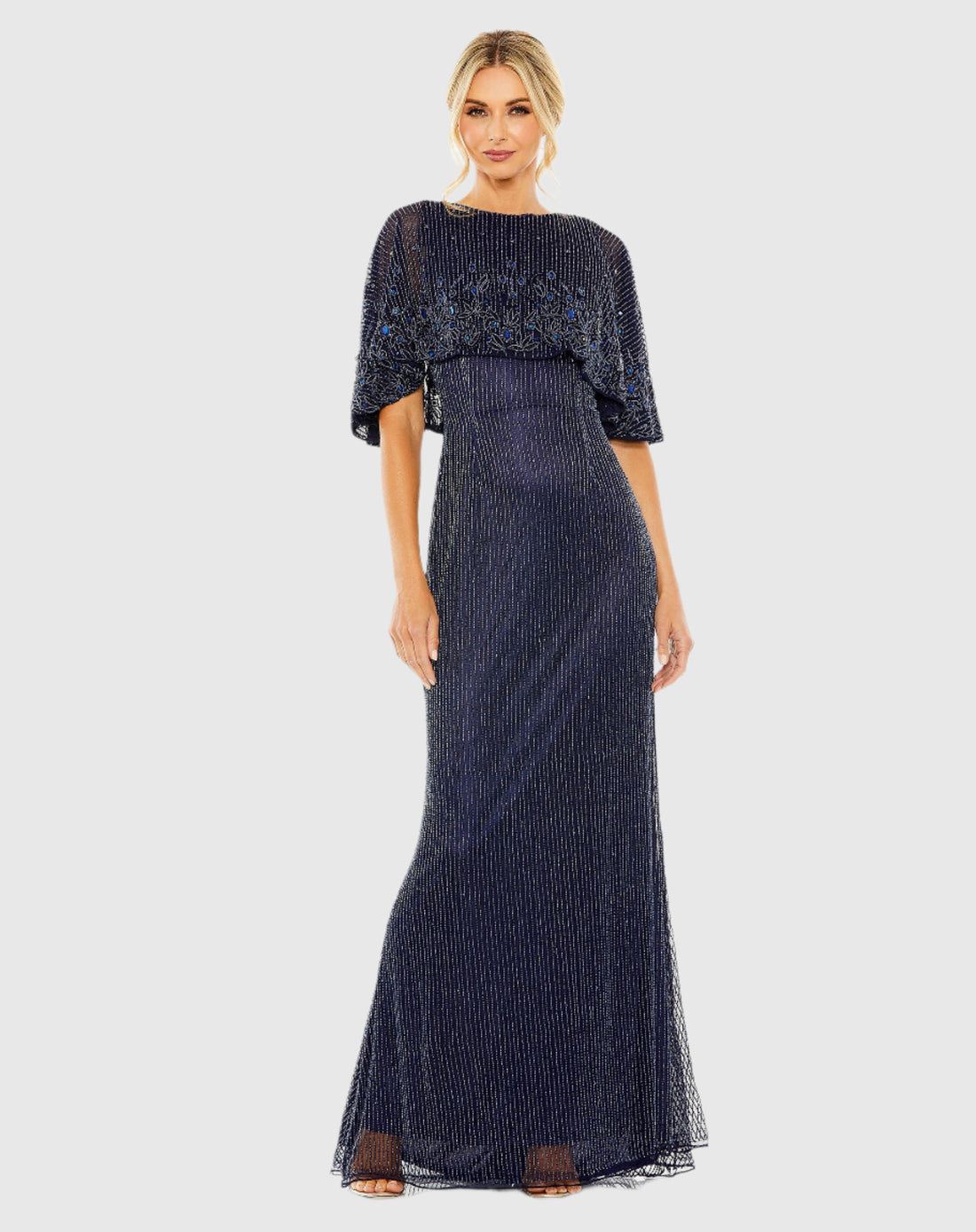 High Neck Column Gown With Embellished Cape