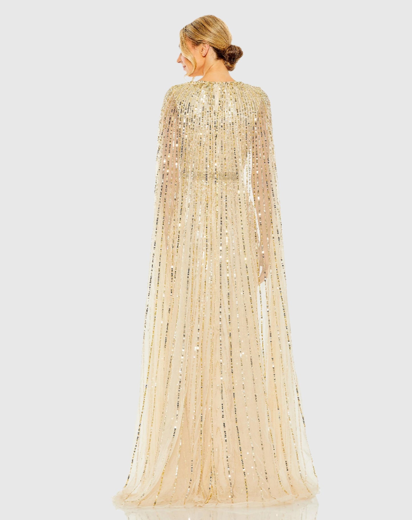 Sequined V-Neck Gown with Cape Sleeves