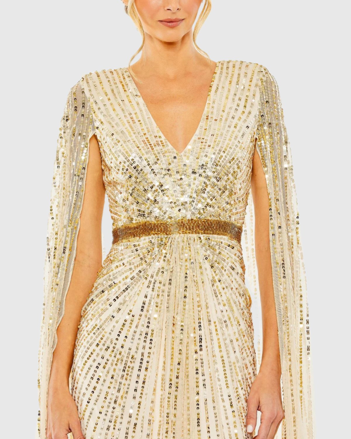 Sequined V-Neck Gown with Cape Sleeves