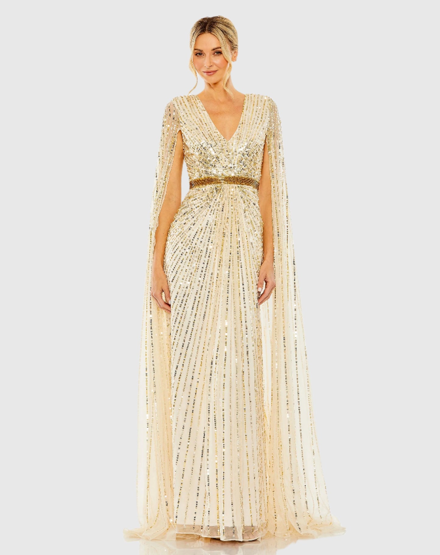 Sequined V-Neck Gown with Cape Sleeves