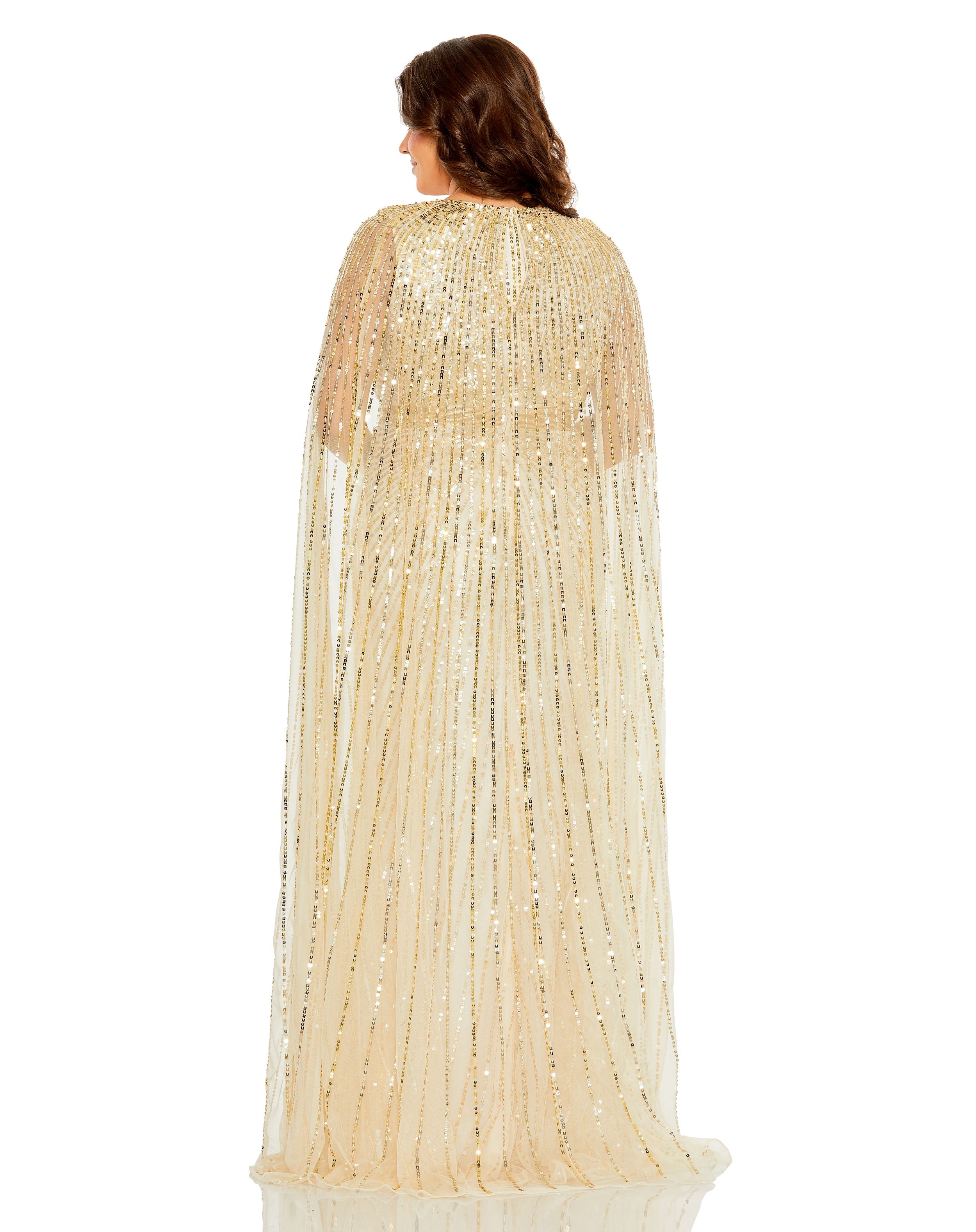 Sequined V-Neck Gown with Cape Sleeves
