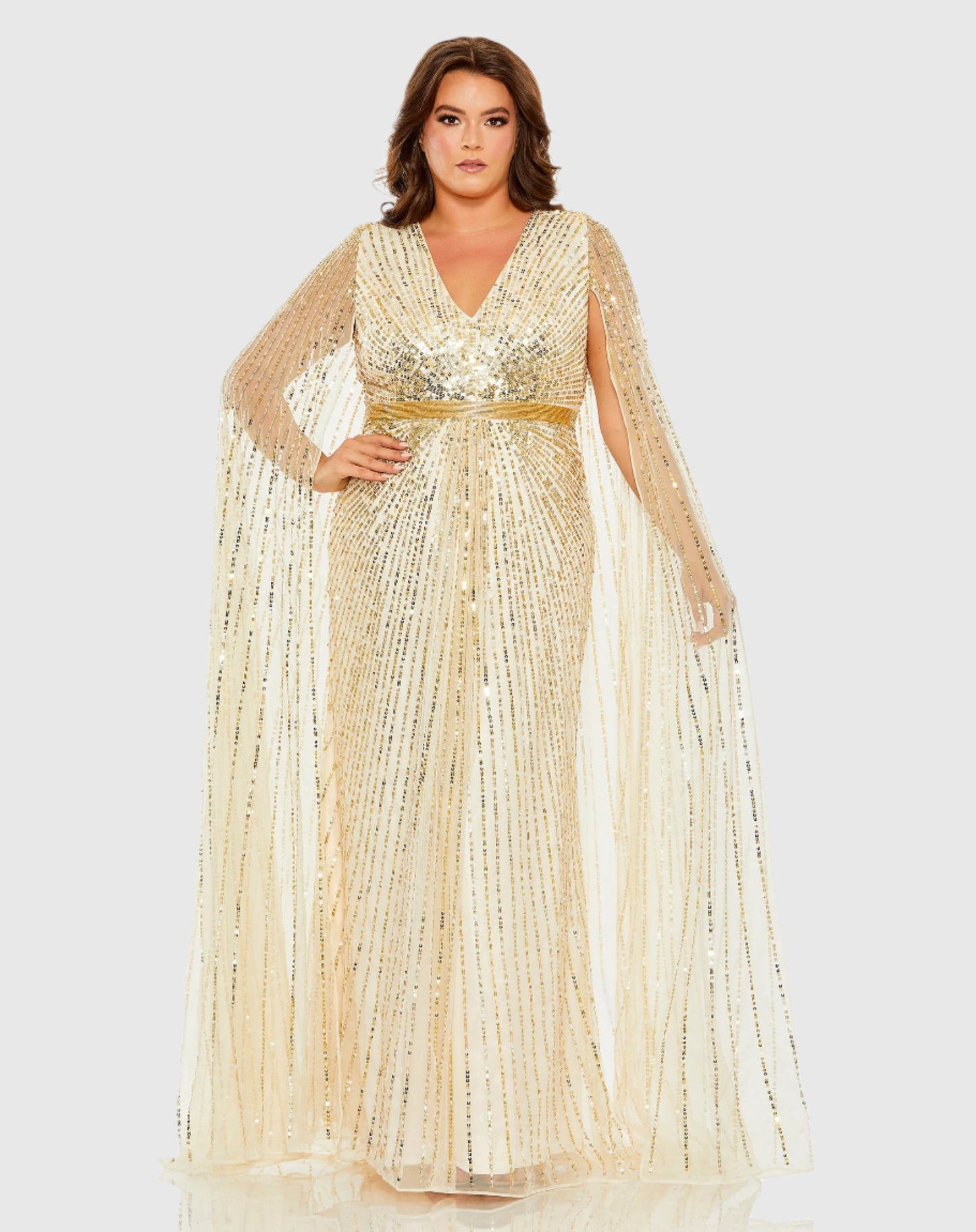 Sequined V-Neck Gown with Cape Sleeves