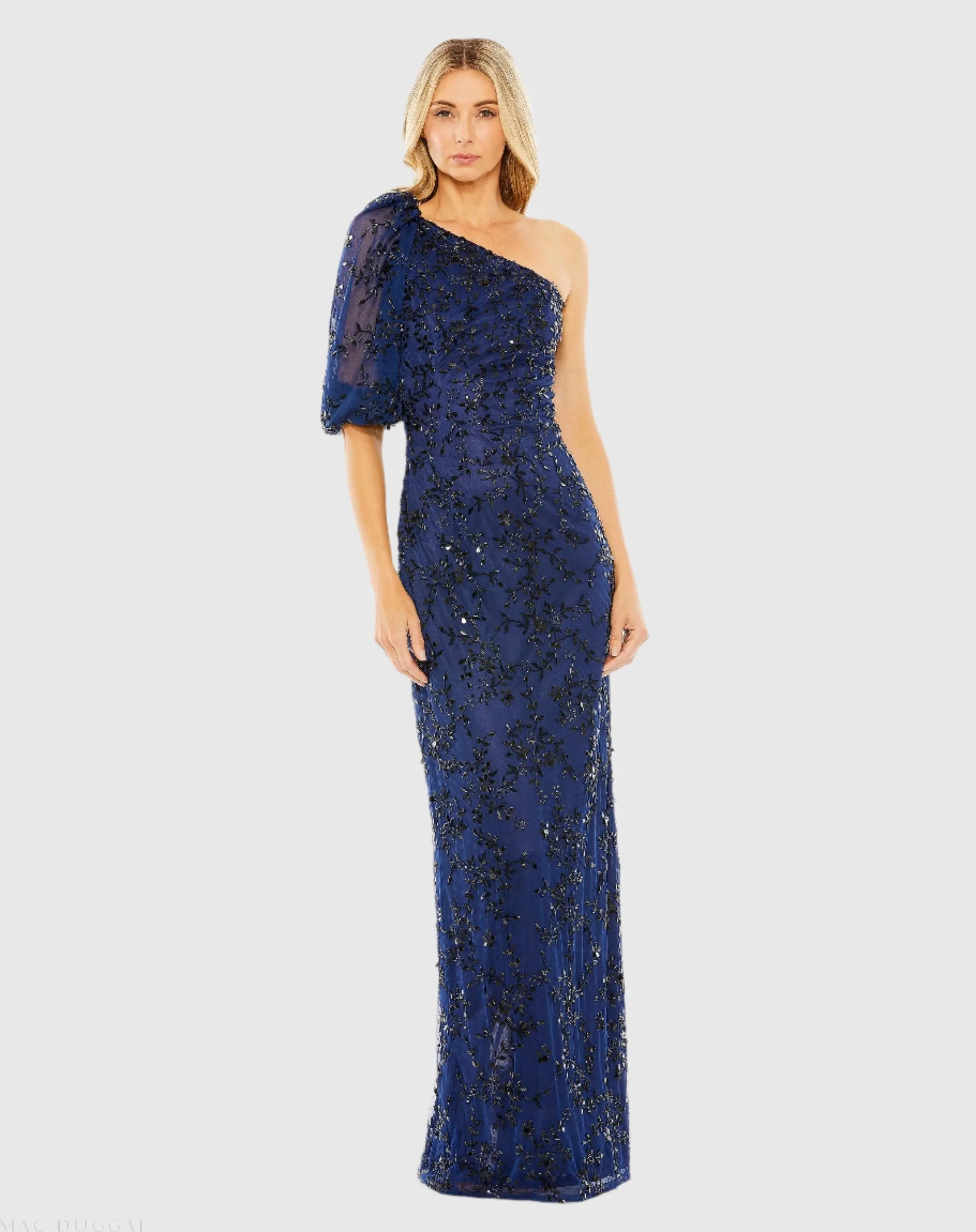 Navy One Shoulder Puff Sleeve Embellished Column Gown - Mac Duggal