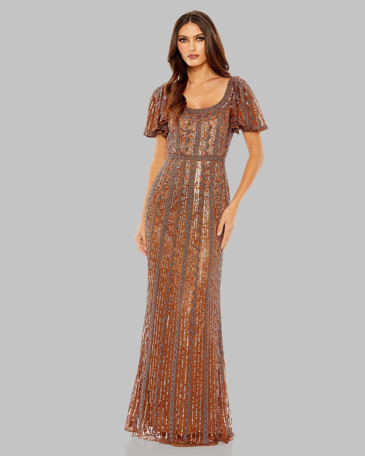 Brown Beaded Flutter Sleeve Column Gown Mac Duggal
