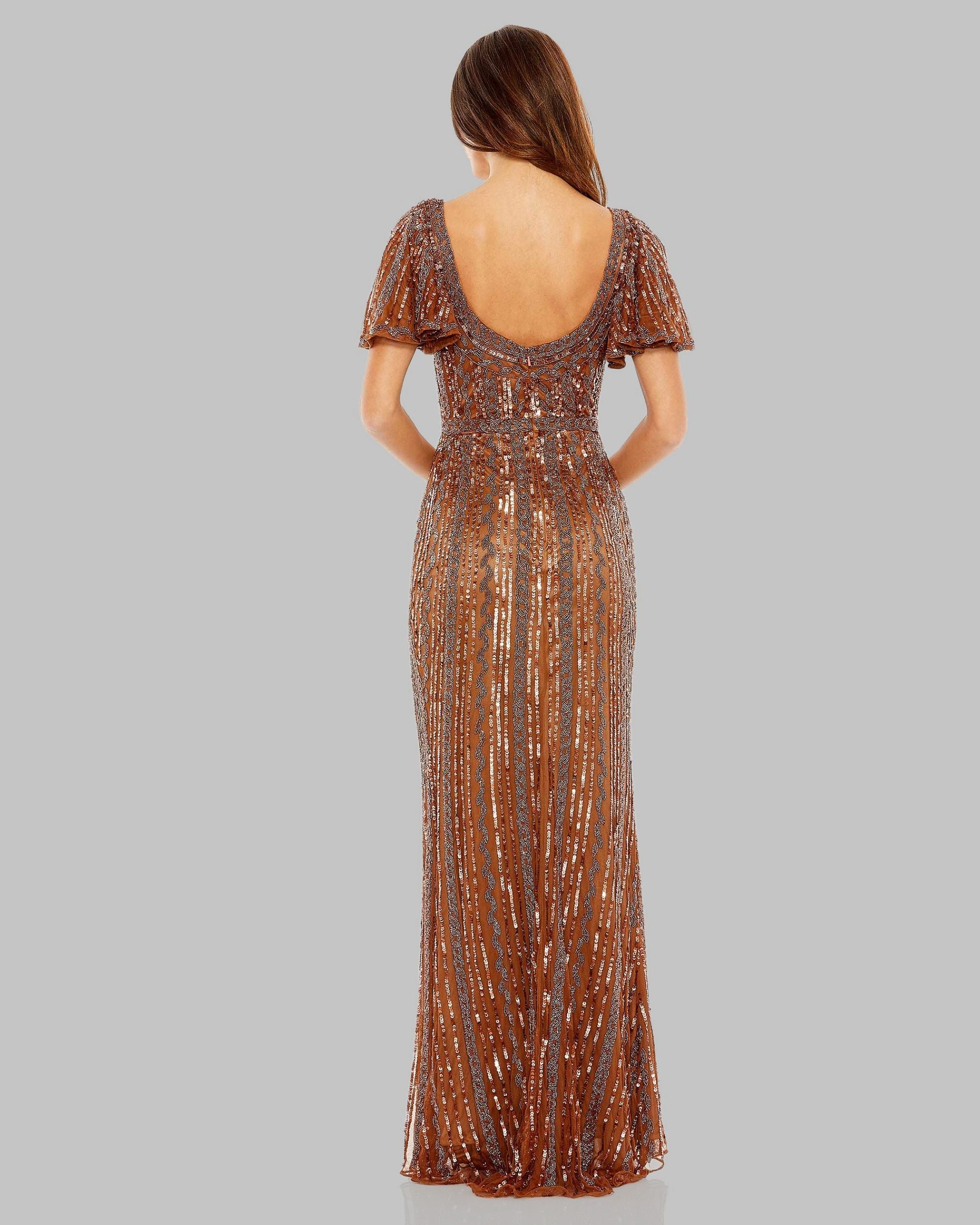 Brown Beaded Flutter Sleeve Column Gown Mac Duggal
