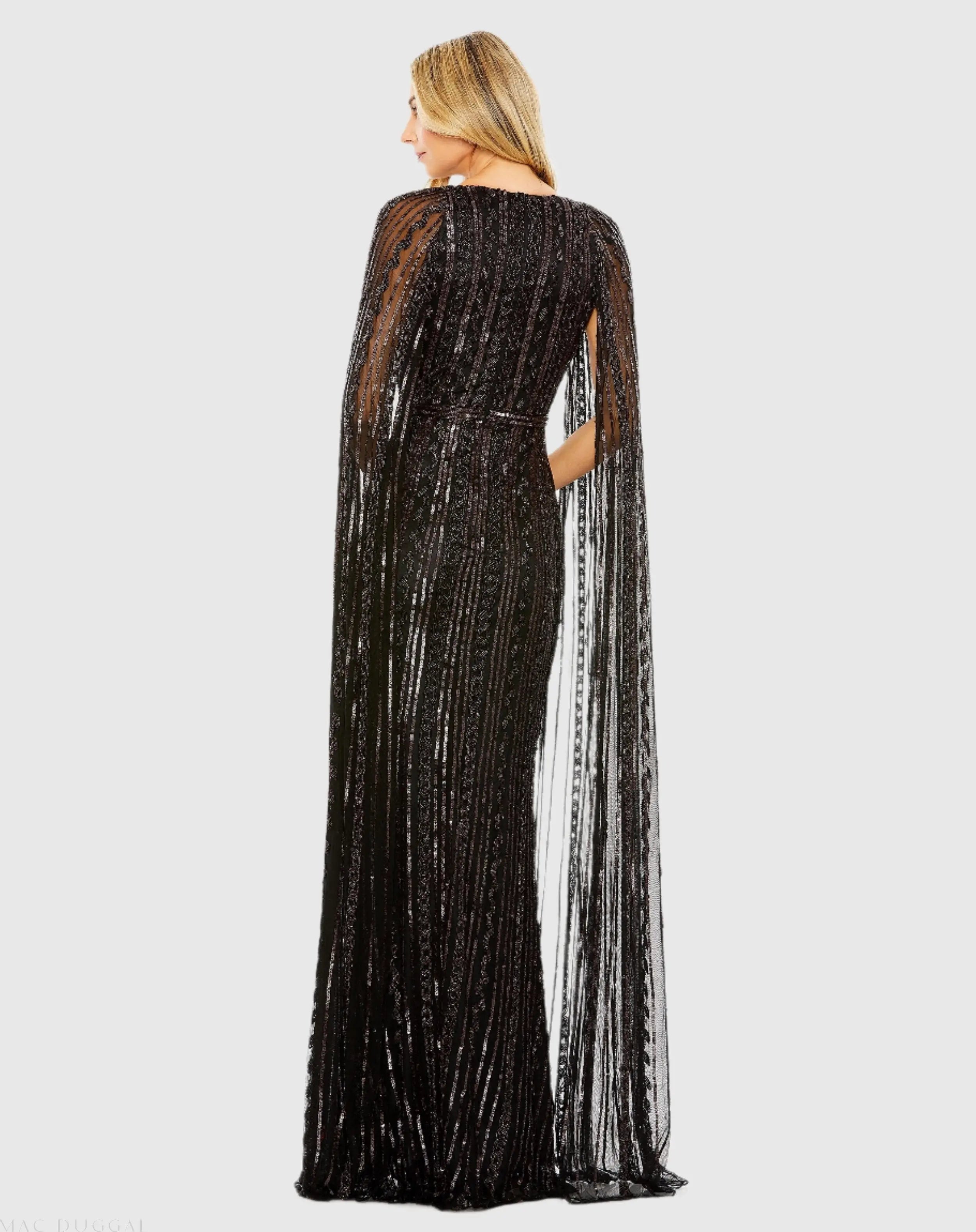 Black Sequined V-Neck Gown with Cape Sleeves - Mac Duggal