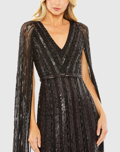 Black Sequined V-Neck Gown with Cape Sleeves