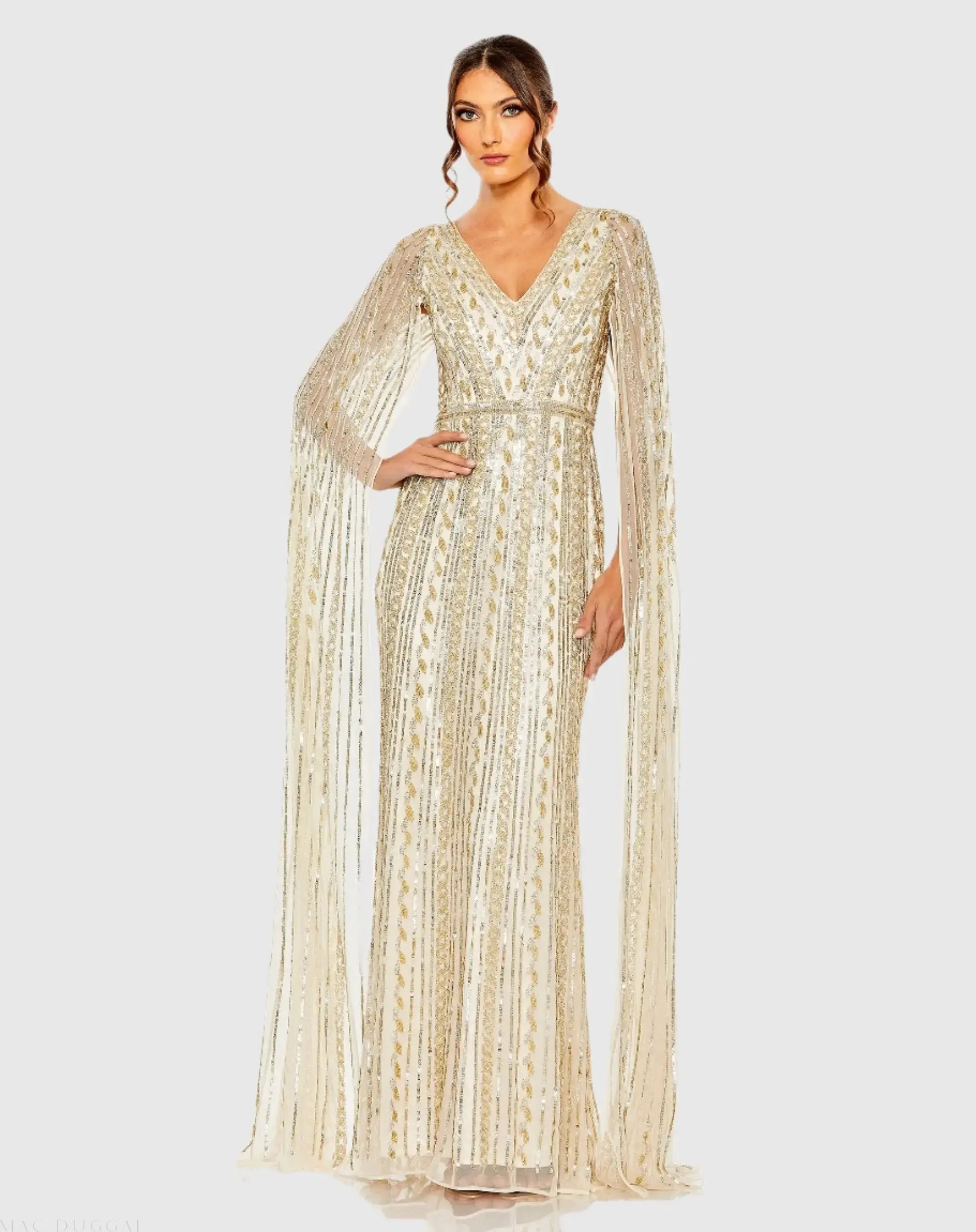Beige and Silver Sequined V-Neck Gown with Cape Sleeves - Mac Duggal