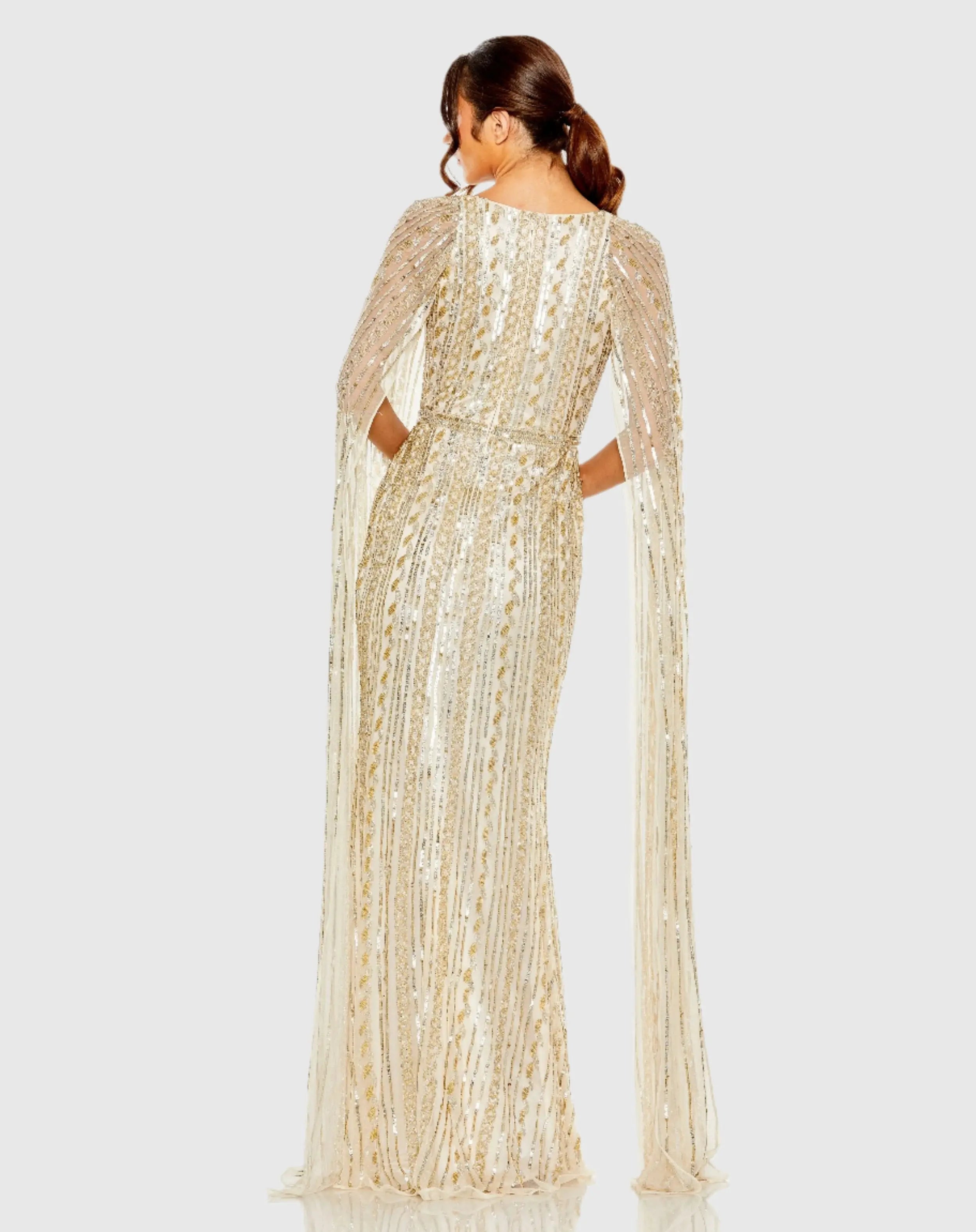 Beige and Silver Sequined V-Neck Gown with Cape Sleeves - Mac Duggal