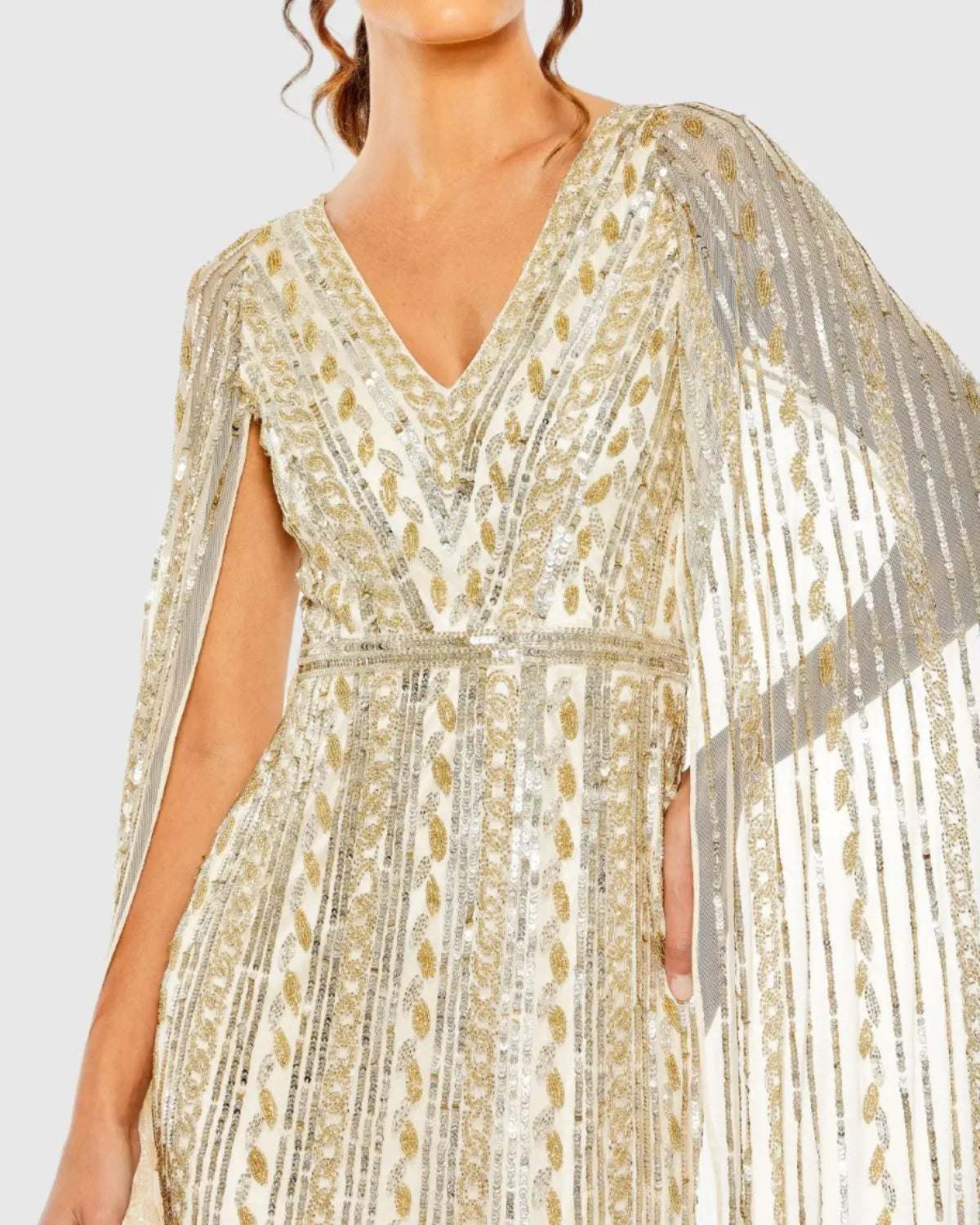 Beige and Silver Sequined V-Neck Gown with Cape Sleeves - Mac Duggal