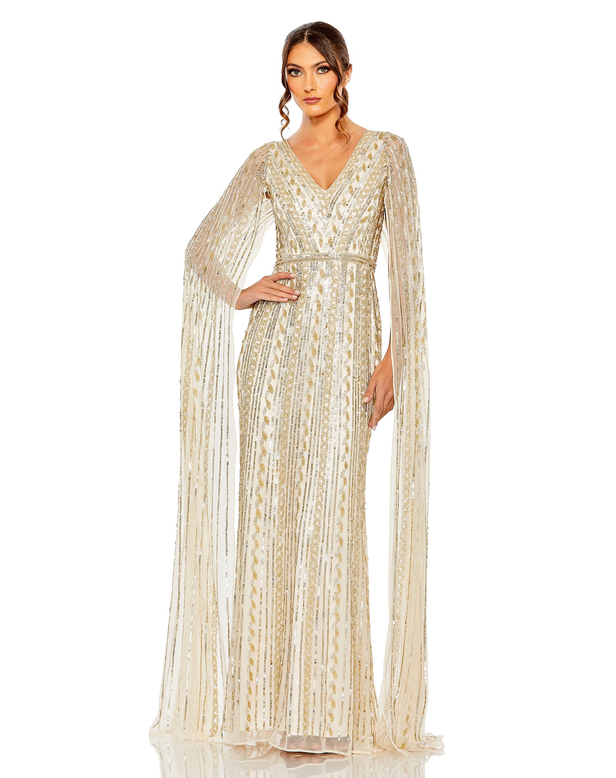 Sequined V-Neck Gown with Cape Sleeves