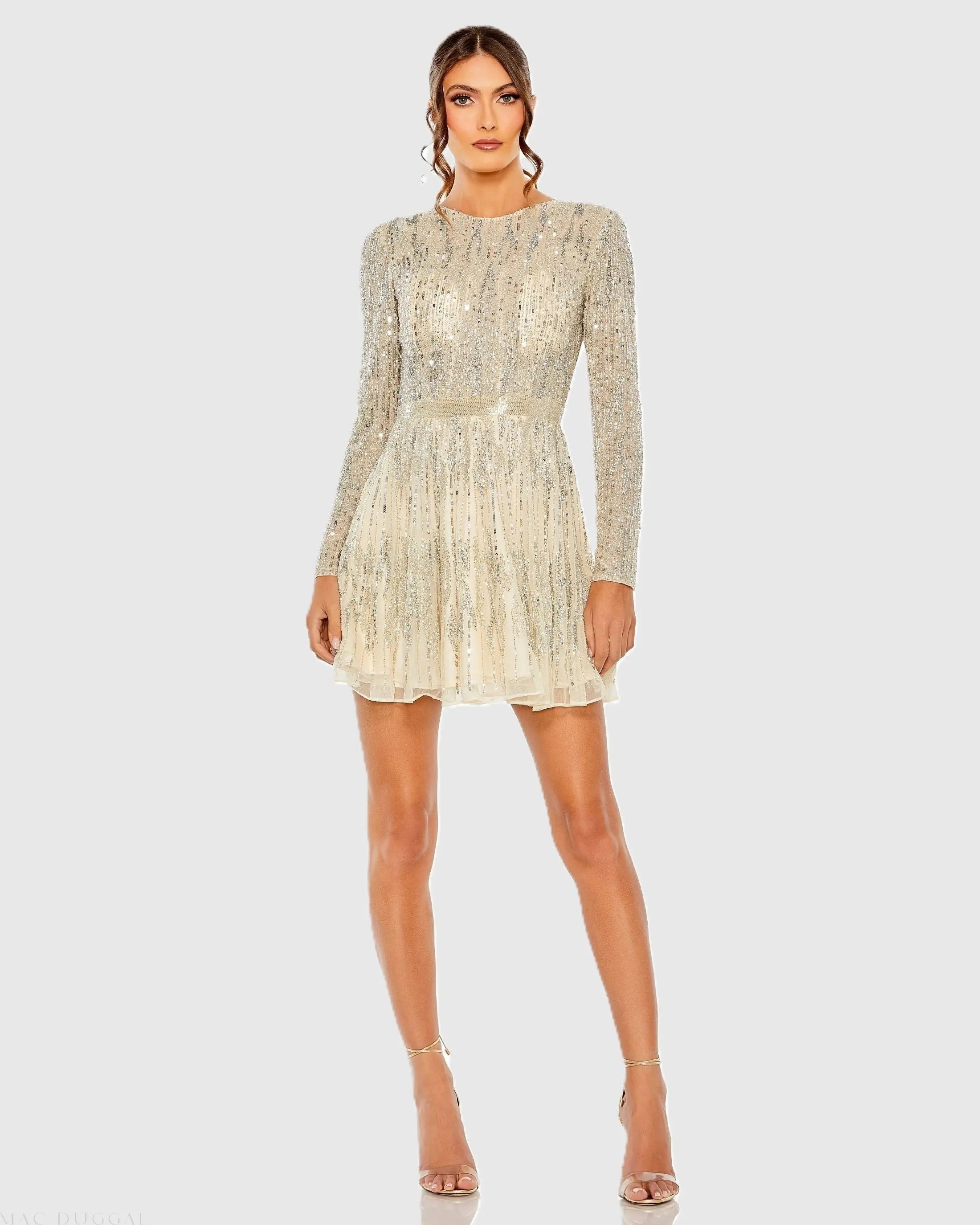 Beige High Neck Long Sleeve A Line Mini Dress - Mac Duggal