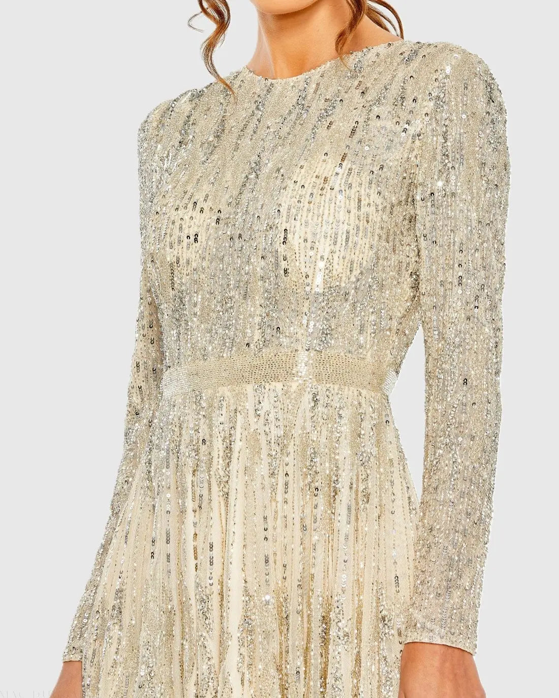 Beige High Neck Long Sleeve A Line Mini Dress - Mac Duggal