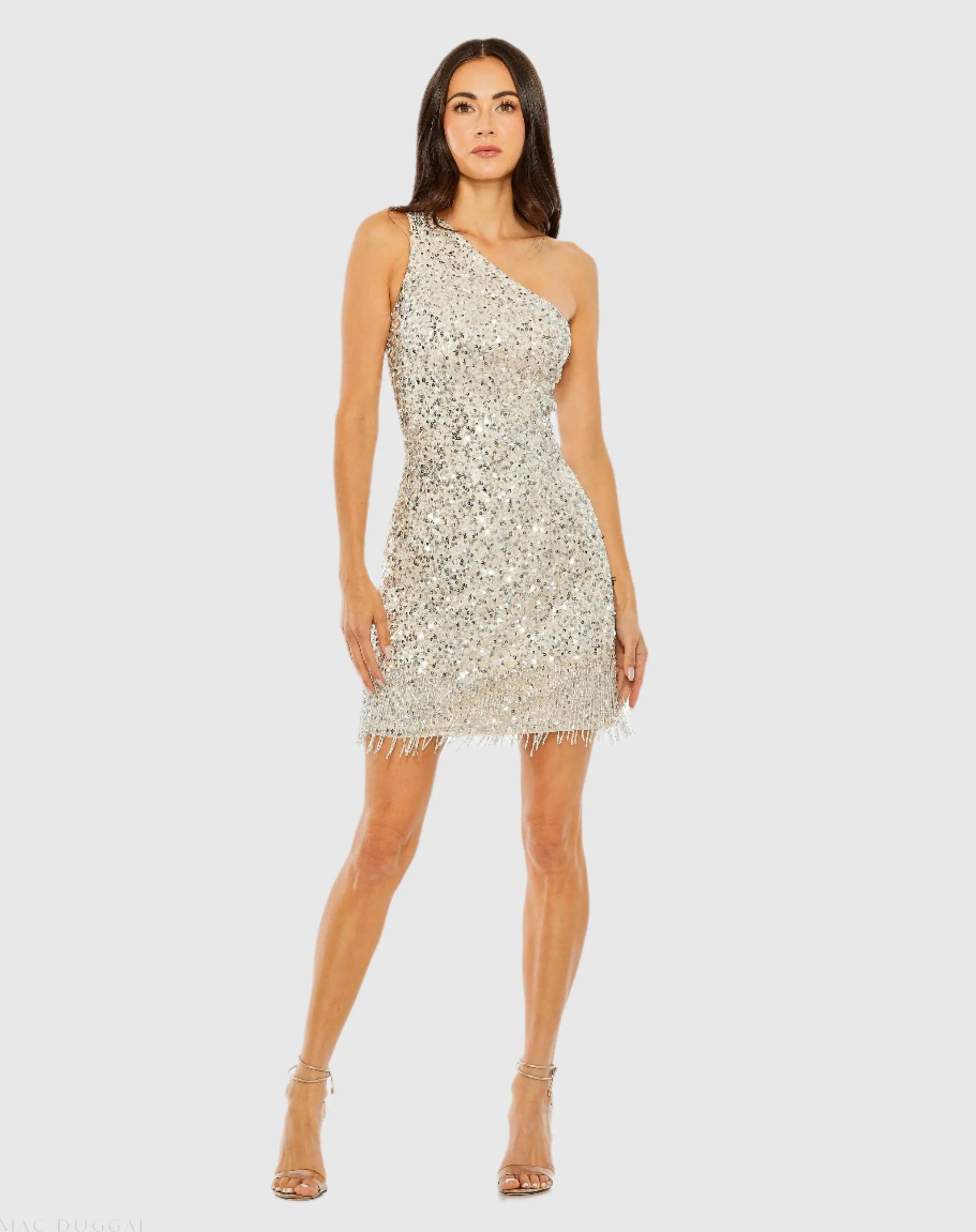 Mac Duggal Embellished One-Shoulder Fringe Dress - Silver Nude Mac Duggal Embellished One-Shoulder Fringe Dress - Silver Nude