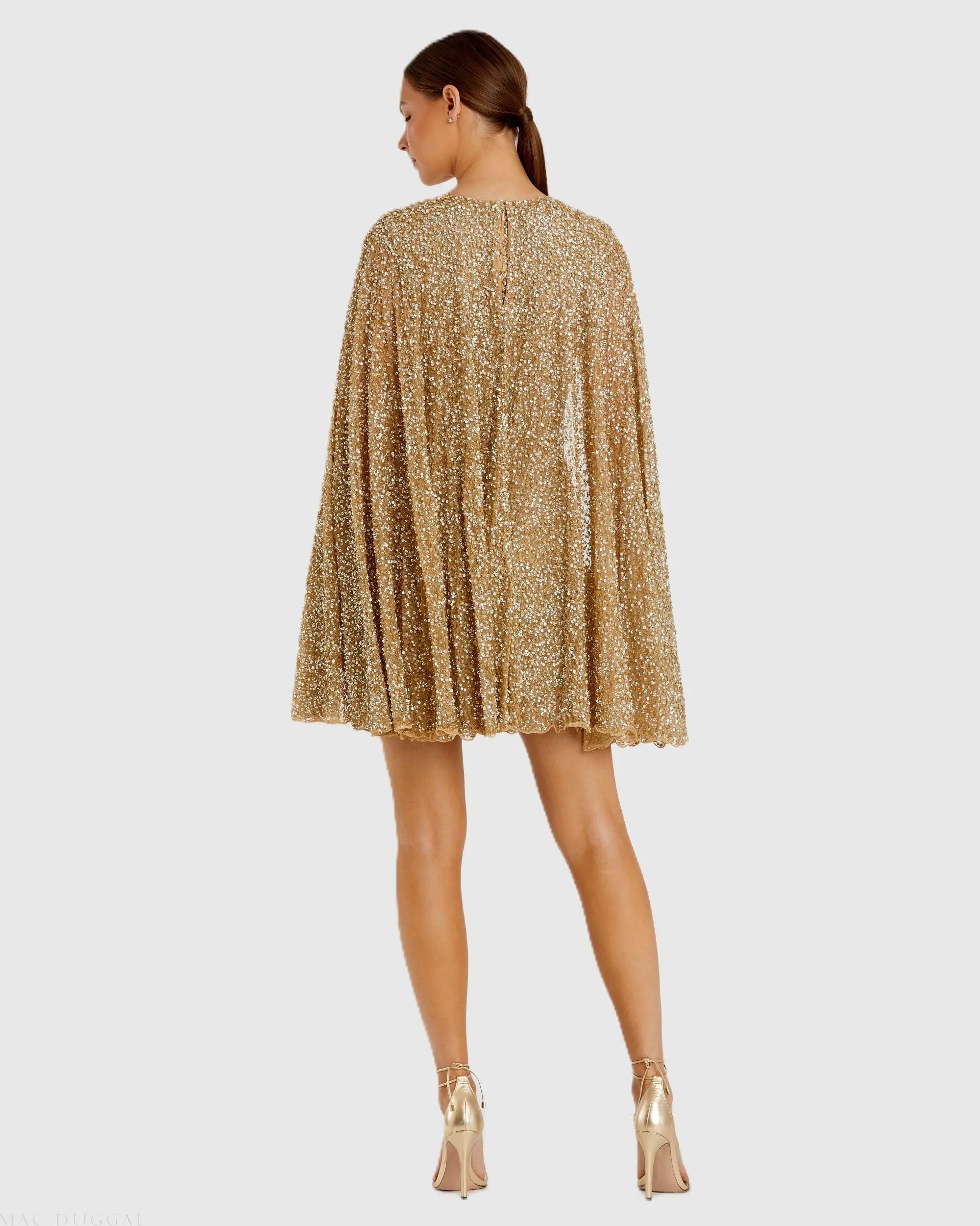 Gold Sequined Cape Sleeve Mini Dress - Mac Duggal