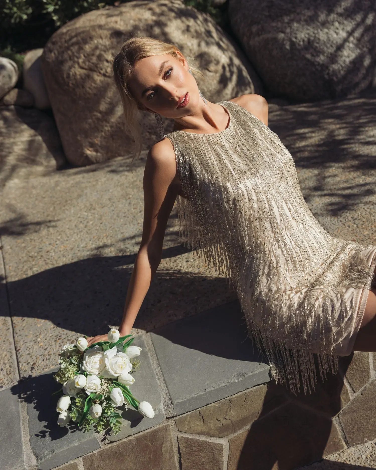 Ivory Beaded Fringe Mini Dress Mac Duggal