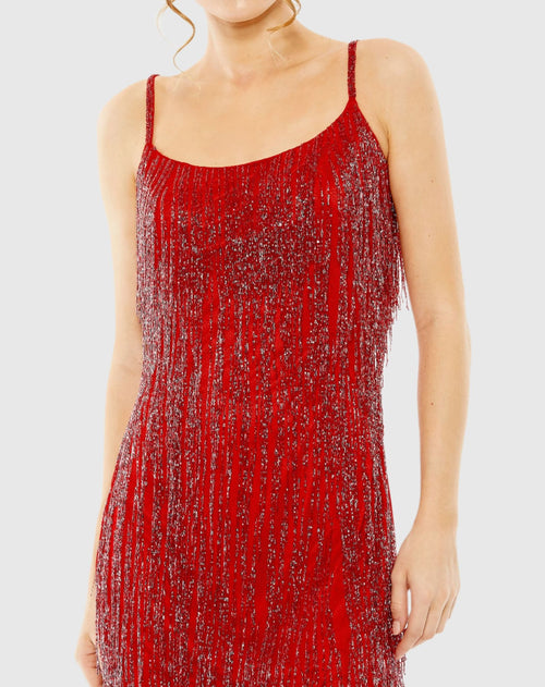 Scoop Neck Embellished Beaded Fringe Dress - Red