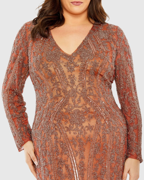 Orange Long Sleeve Embellished Dress