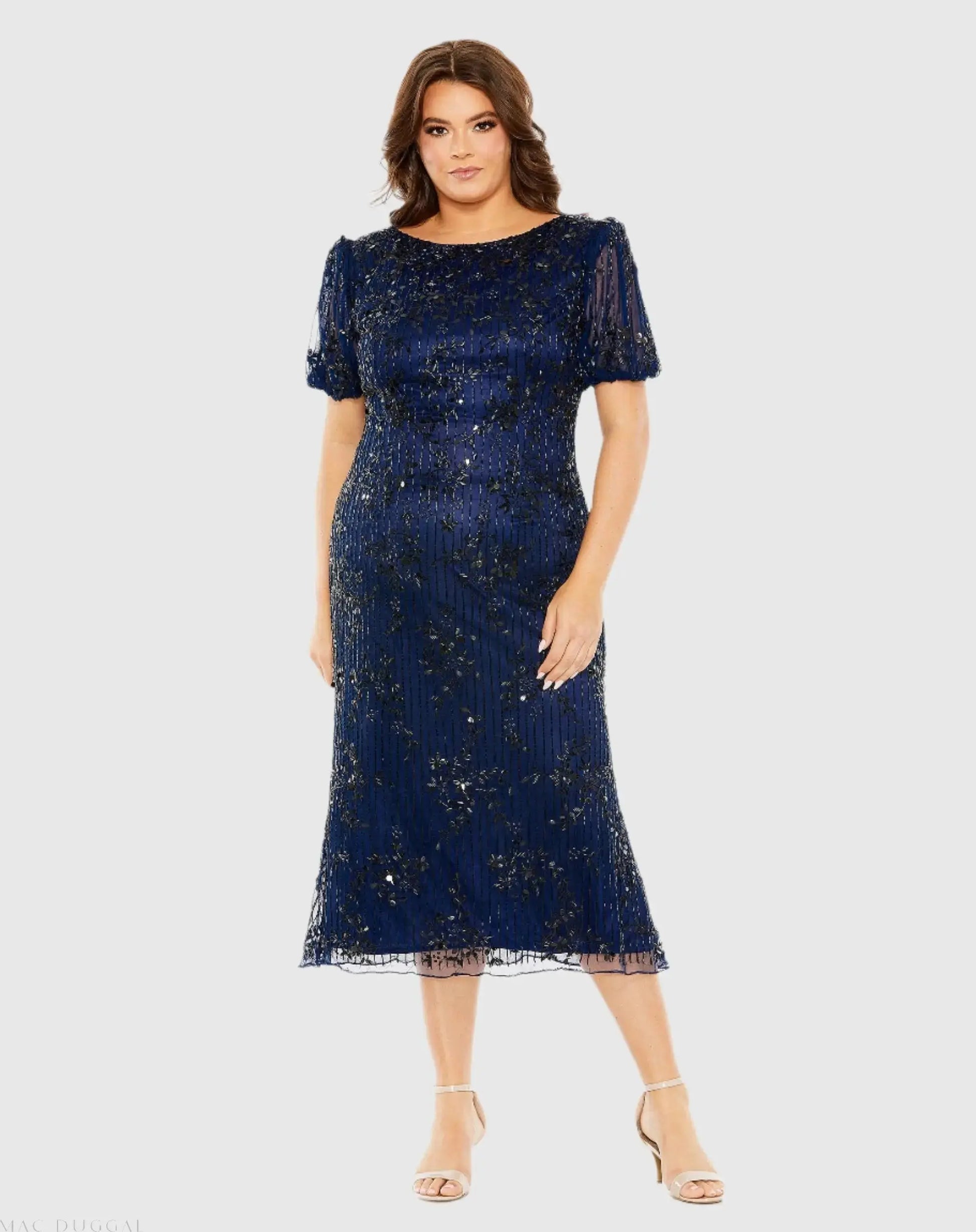Navy High Neck Puff Sleeve Embellished Dress - Mac Duggal