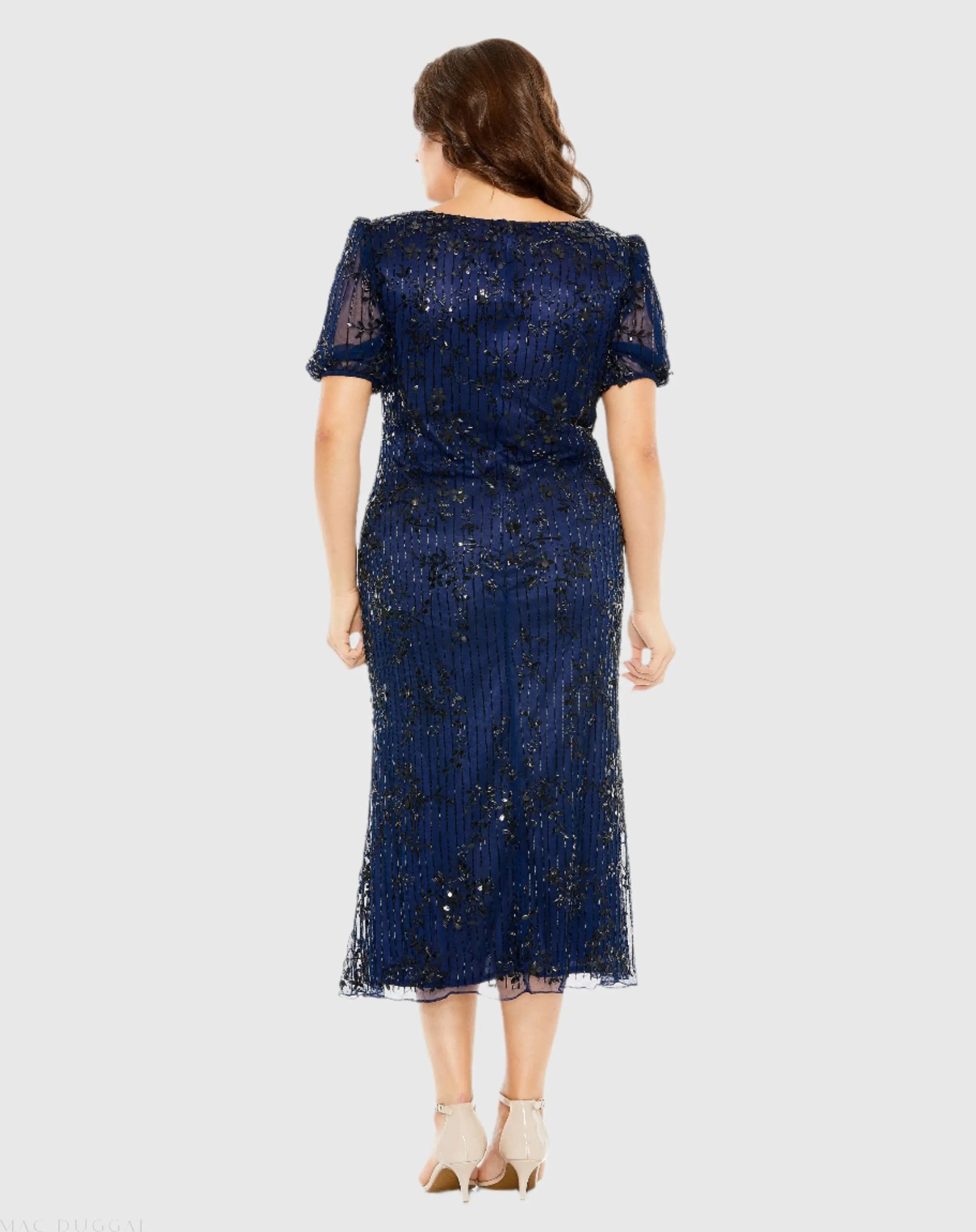 Navy High Neck Puff Sleeve Embellished Dress - Mac Duggal