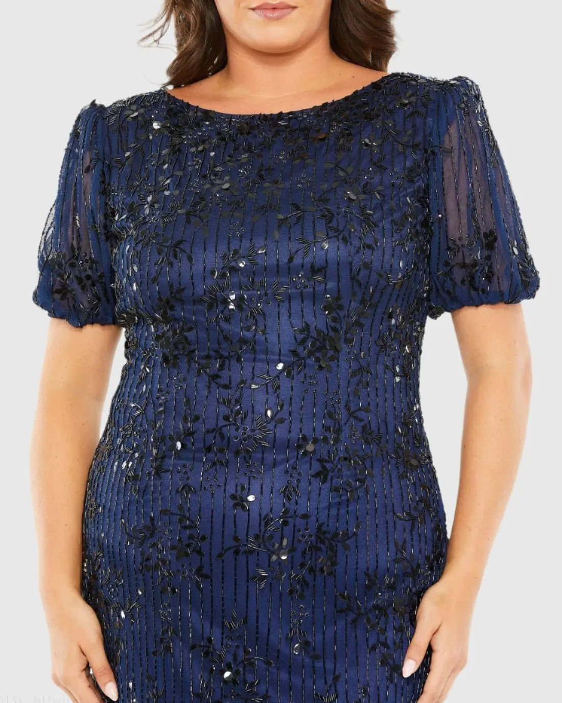 Navy High Neck Puff Sleeve Embellished Dress - Mac Duggal