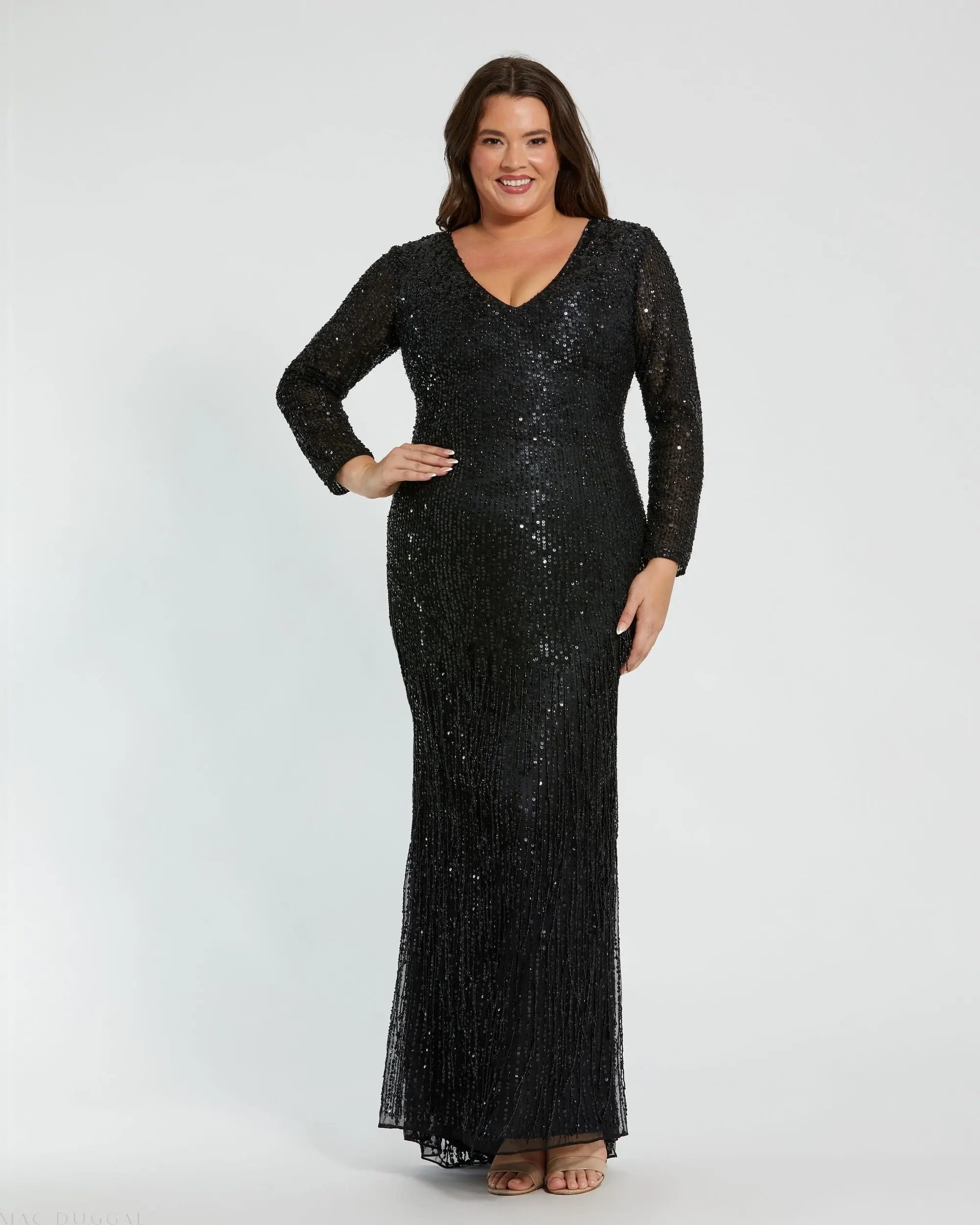 Long Sleeve V-Neck Beaded Fringe Gown - Mac Duggal