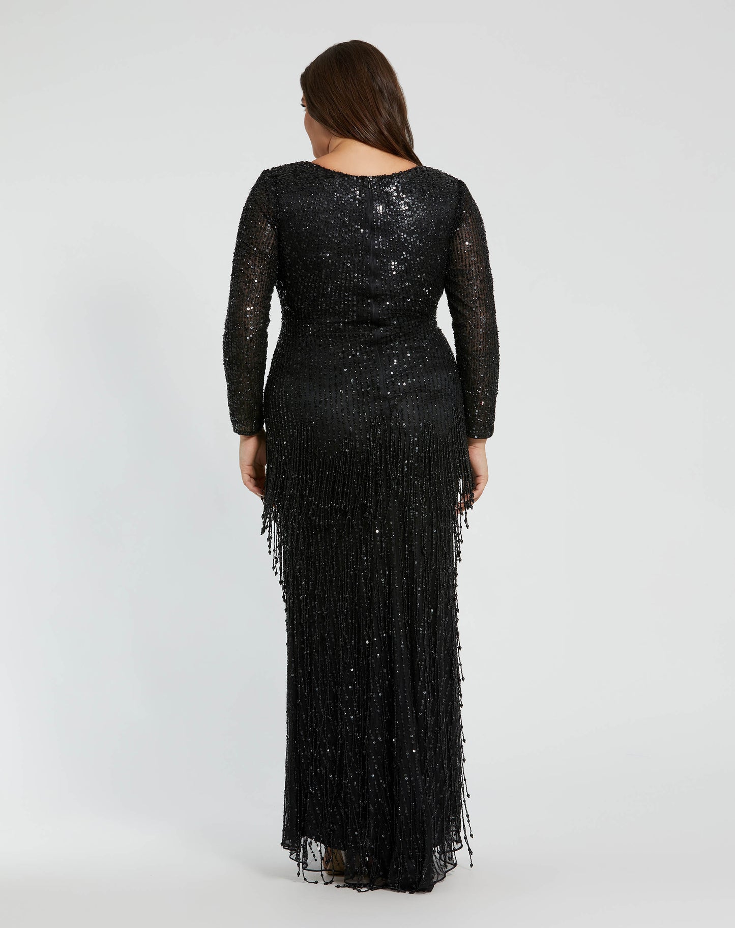 Long Sleeve V-Neck Beaded Fringe Gown