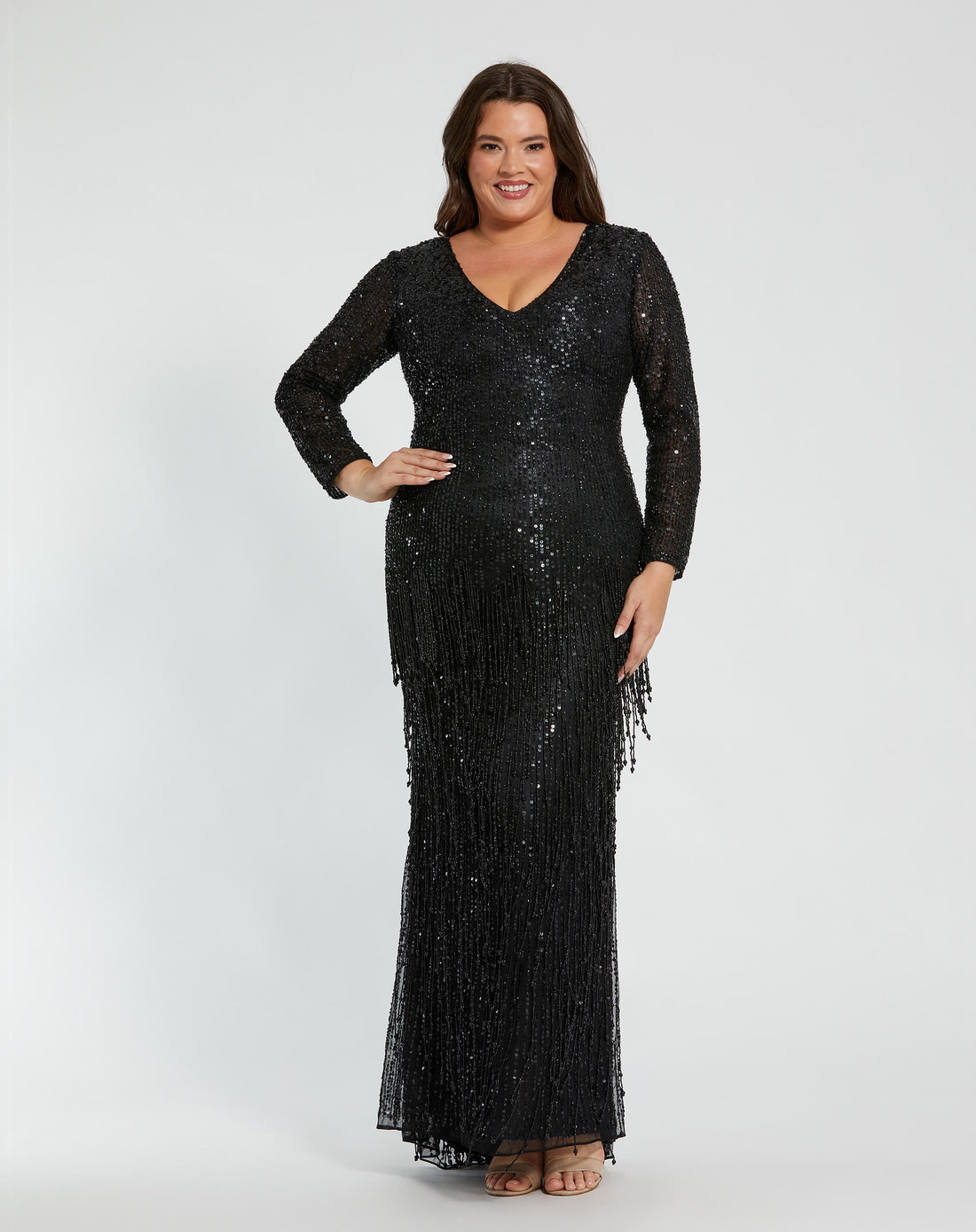 Long Sleeve V-Neck Beaded Fringe Gown