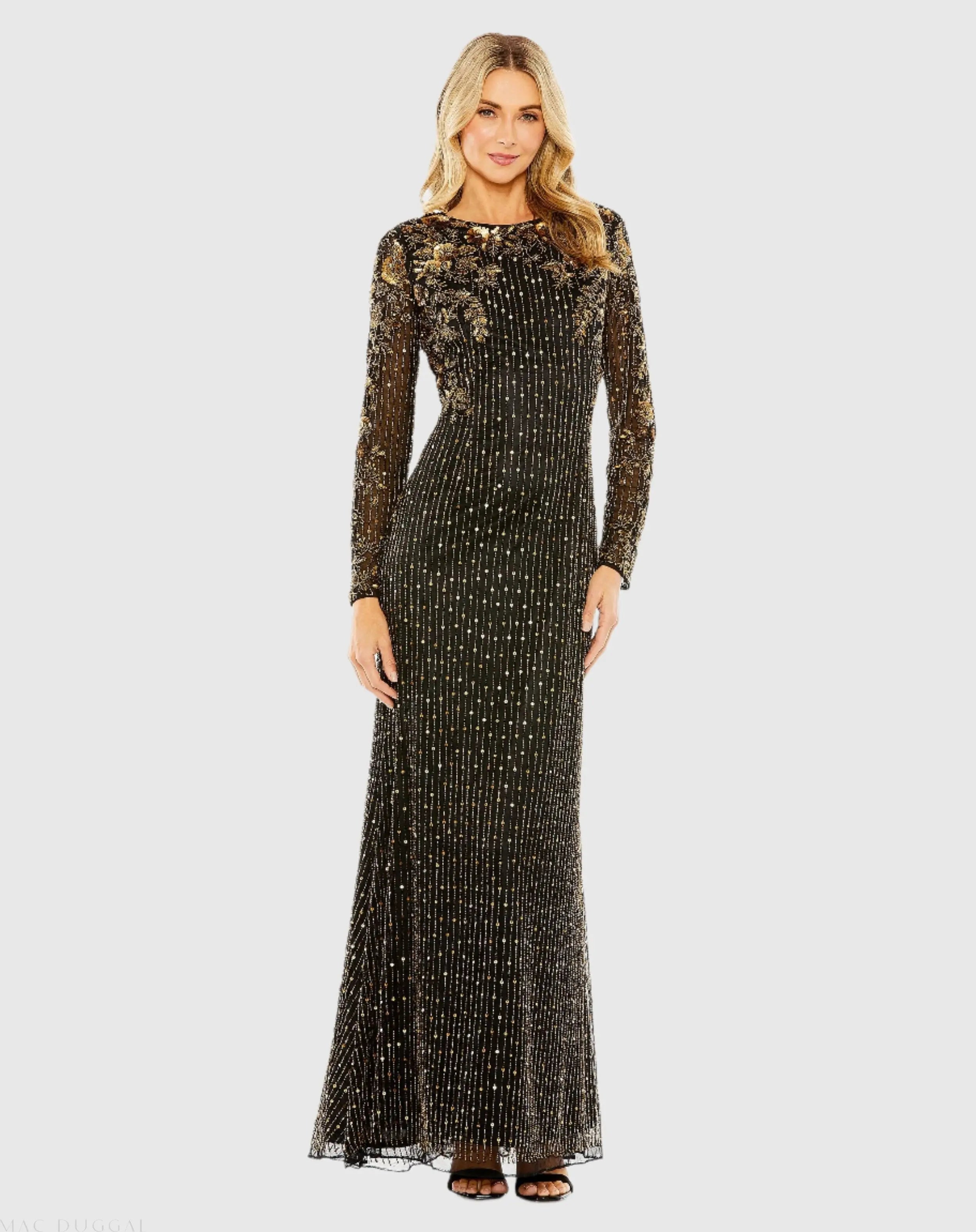Black Boat Neck Sequin Embellished Long Sleeve A Line Gown | Mac Duggal Black Boat Neck Sequin Embellished Long Sleeve A Line Gown | Mac Duggal