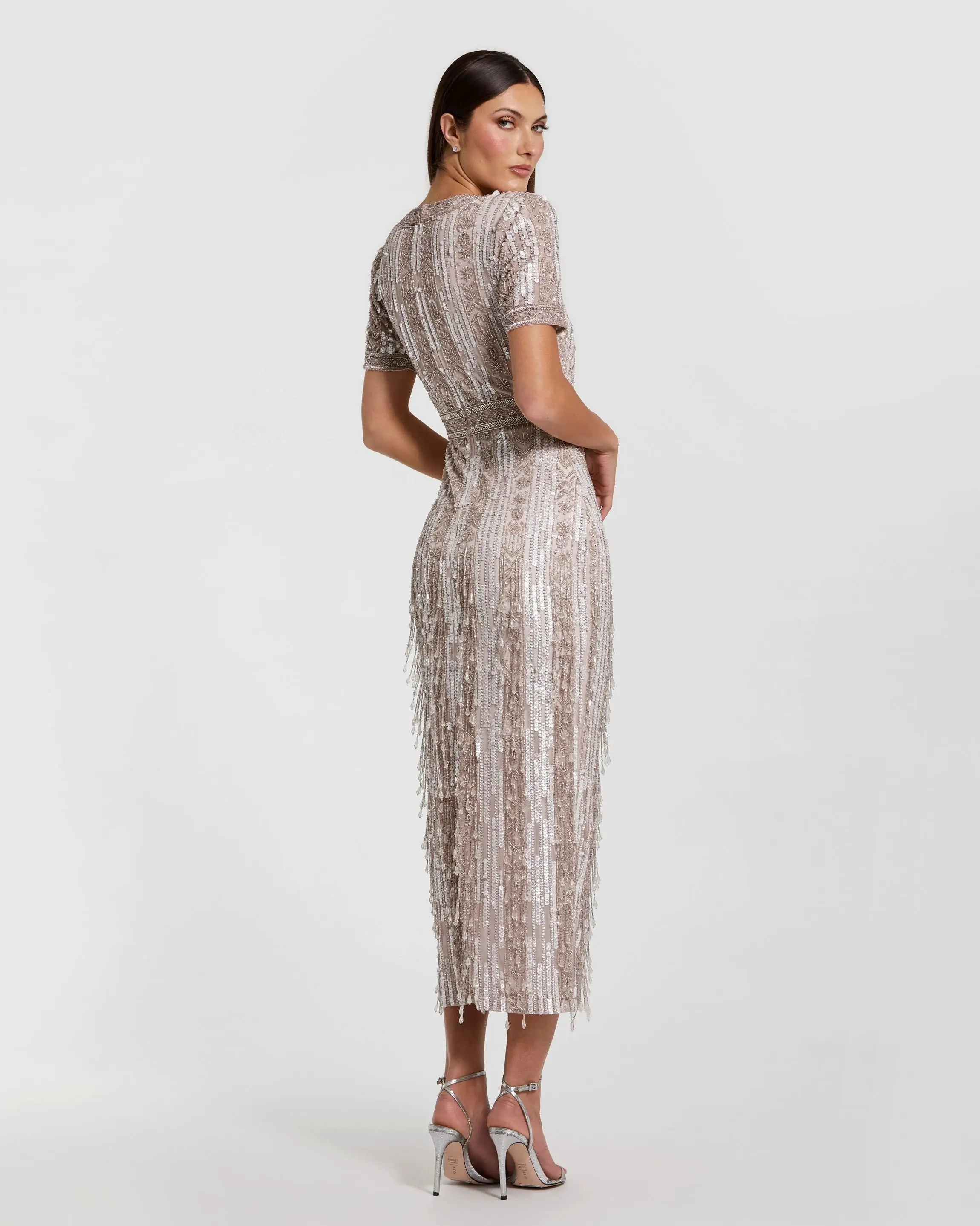 Pink High Neck Short Sleeve Crystal Fringe Sheath Dress - Mac Duggal