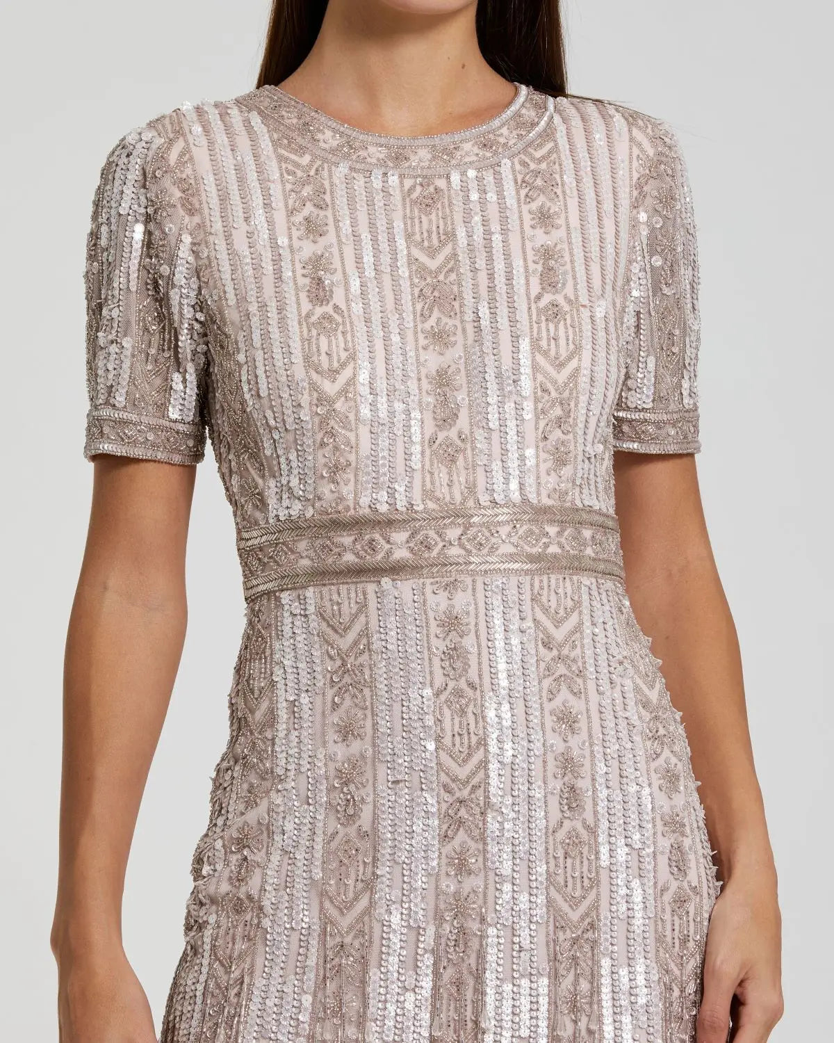 Pink High Neck Short Sleeve Crystal Fringe Sheath Dress - Mac Duggal