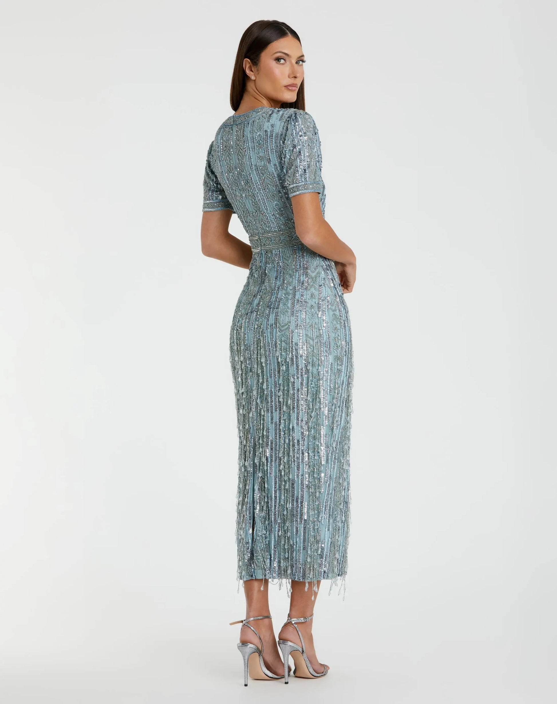 Blue High Neck Short Sleeve Crystal Fringe Column Dress | Mac Duggal Blue High Neck Short Sleeve Crystal Fringe Column Dress | Mac Duggal