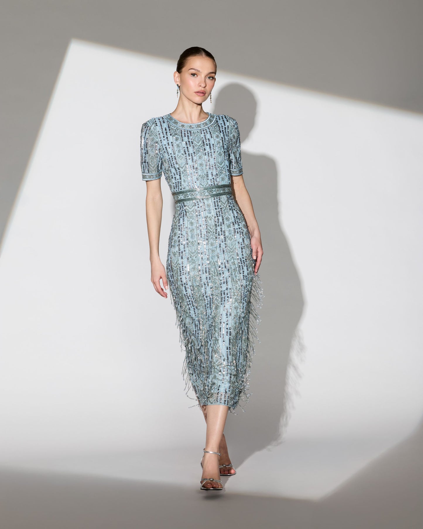 Blue High Neck Short Sleeve Crystal Fringe Sheath Dress - Mac Duggal